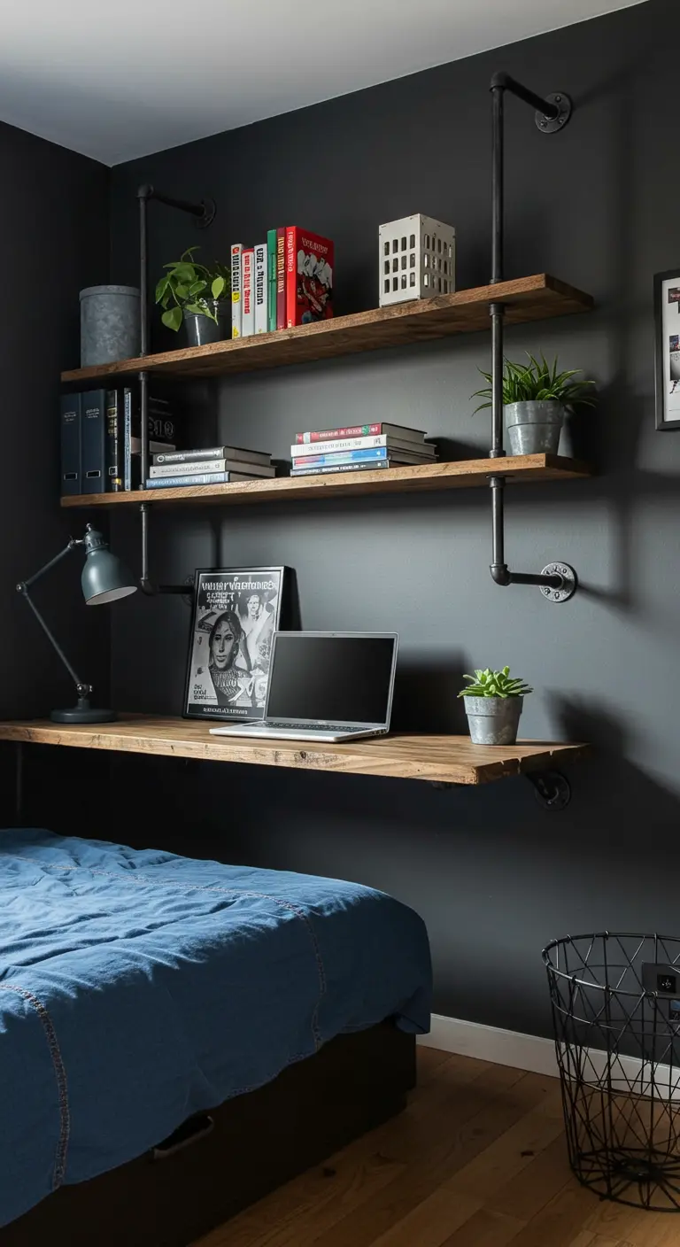 Scrivania e mensole in stile industriale realizzate con tubi metallici e assi di legno grezzo.