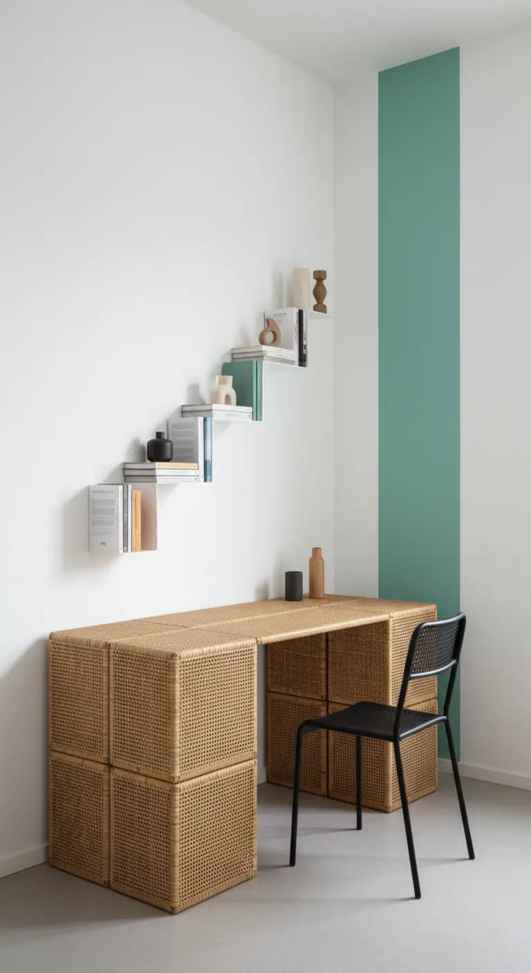 Scrivania creata con un piano appoggiato su cubi contenitore in rattan intrecciato.