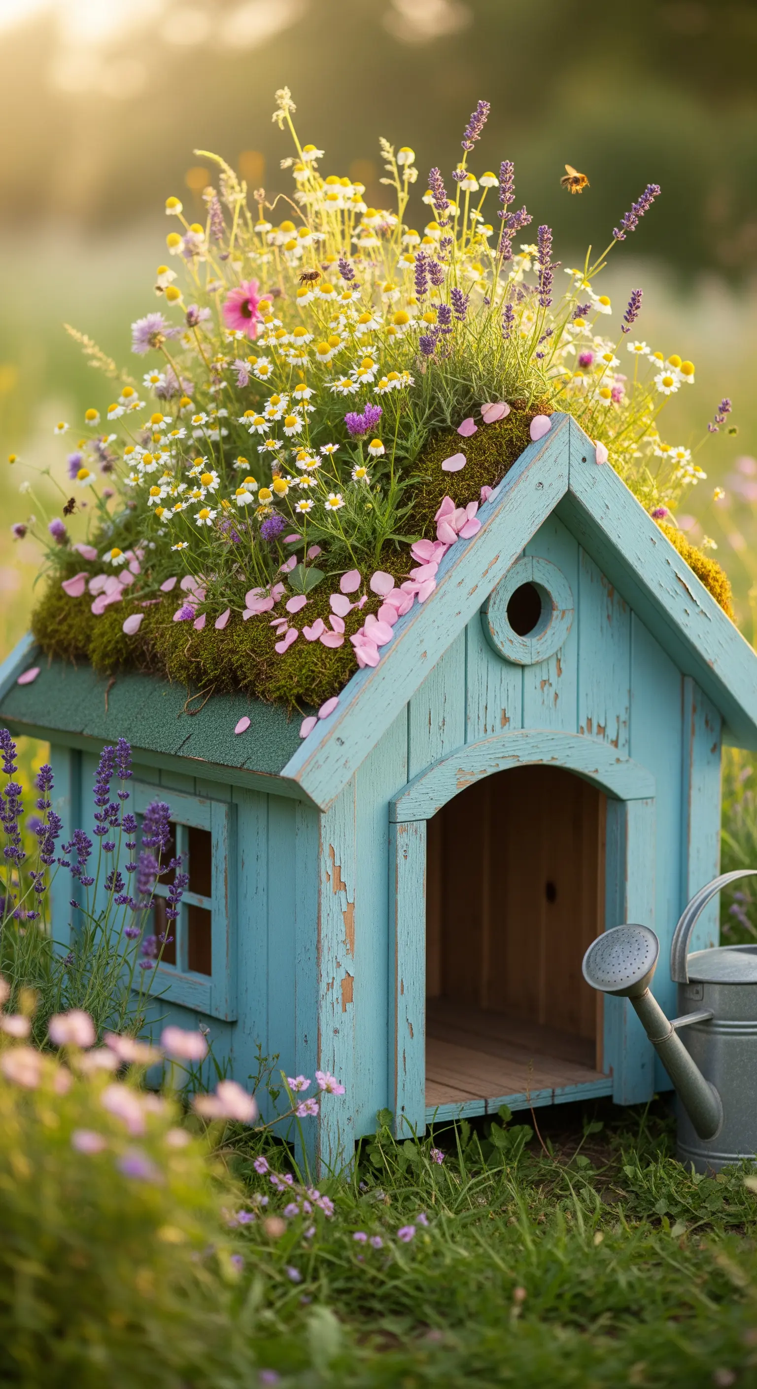 Cuccia azzurra in stile shabby chic con tetto di fiori di campo e lavanda.