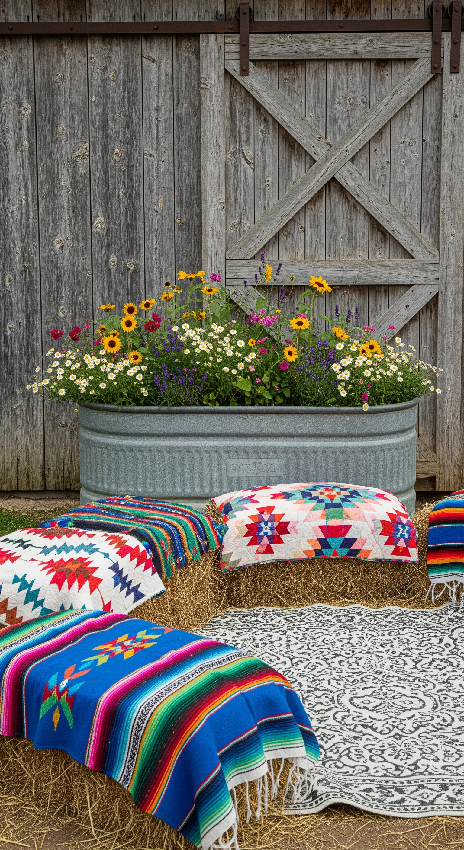 Balle di fieno coperte da tessuti messicani colorati, con un abbeveratoio in zinco come fioriera.
