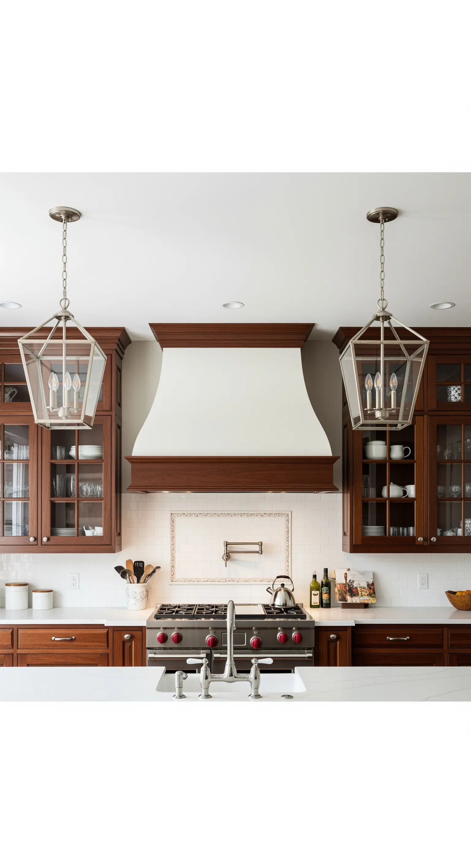 Cucina simmetrica con cappa centrale, mobili in legno scuro e due lampadari identici.