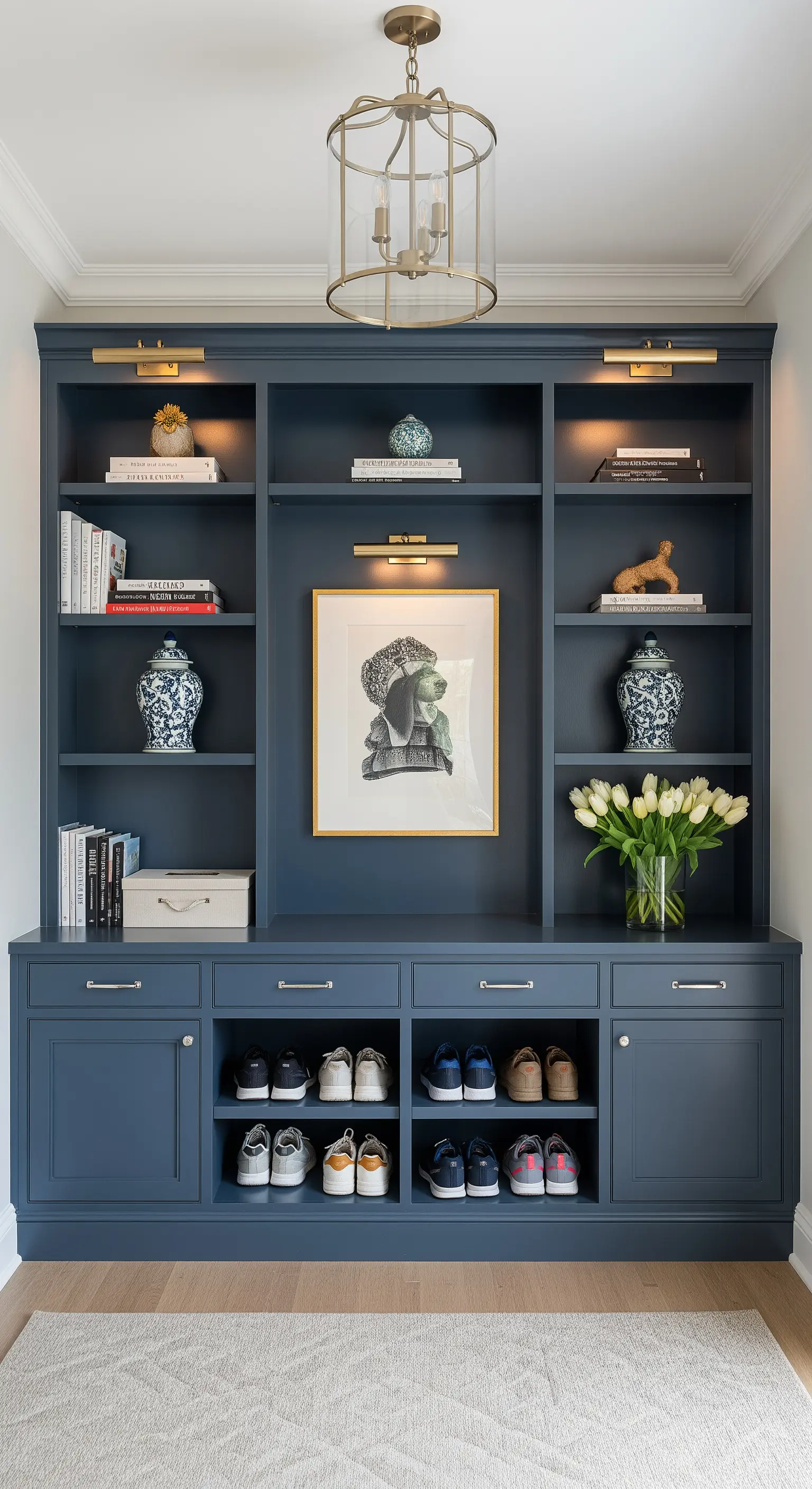 Libreria blu scuro con un quadro incorniciato al centro, illuminazione integrata e scarpiera a vista.