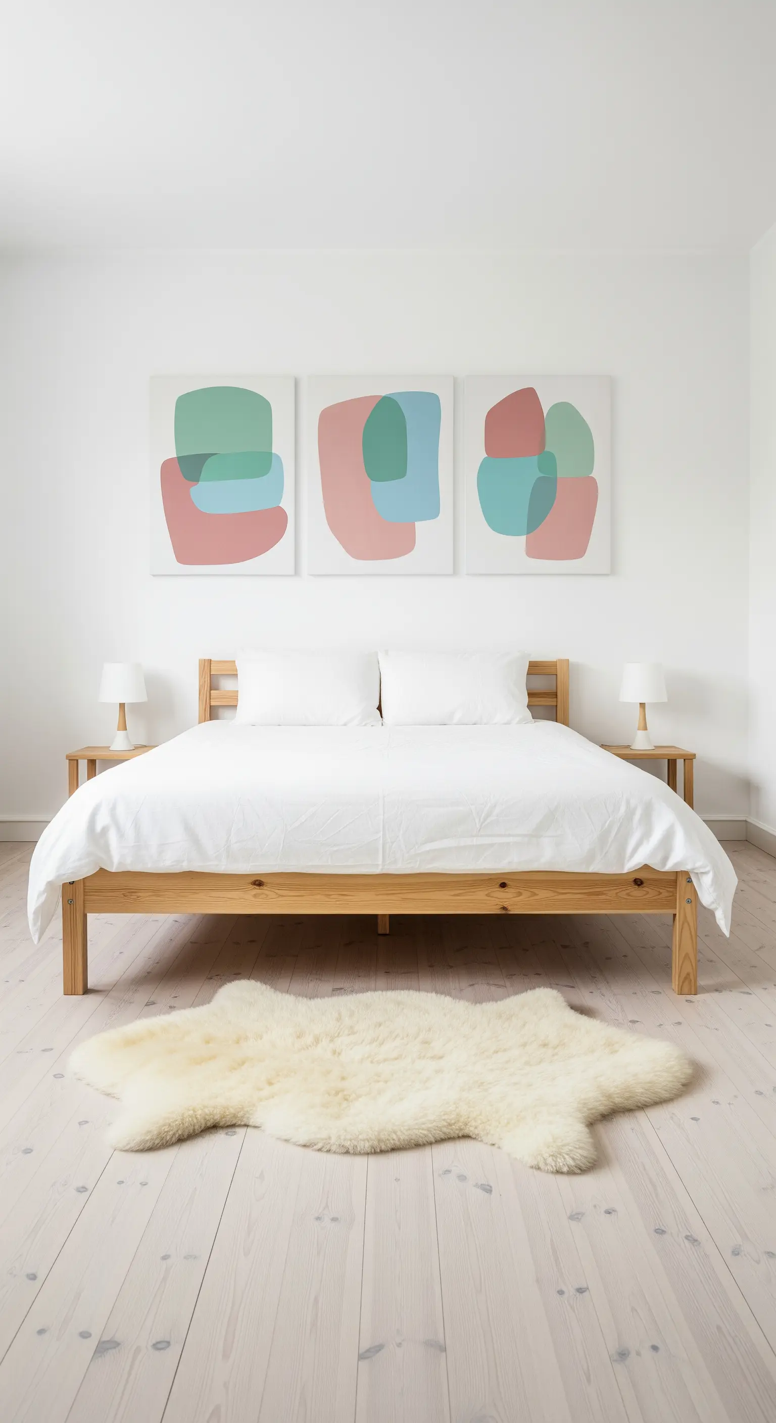 Trittico di quadri astratti con forme geometriche pastello sopra un letto in legno naturale.