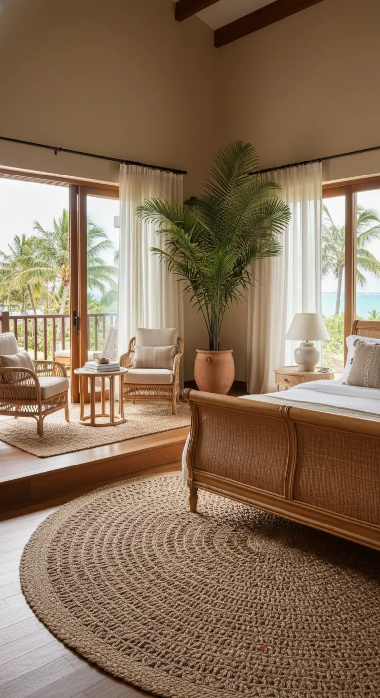 Camera da letto con zona notte rialzata su una pedana in legno e vista mare.