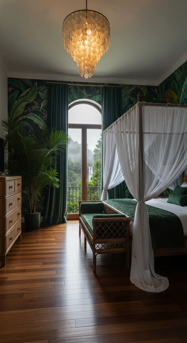 Camera da letto con carta da parati a foglie di banano, tende in velluto verde e letto a baldacchino.