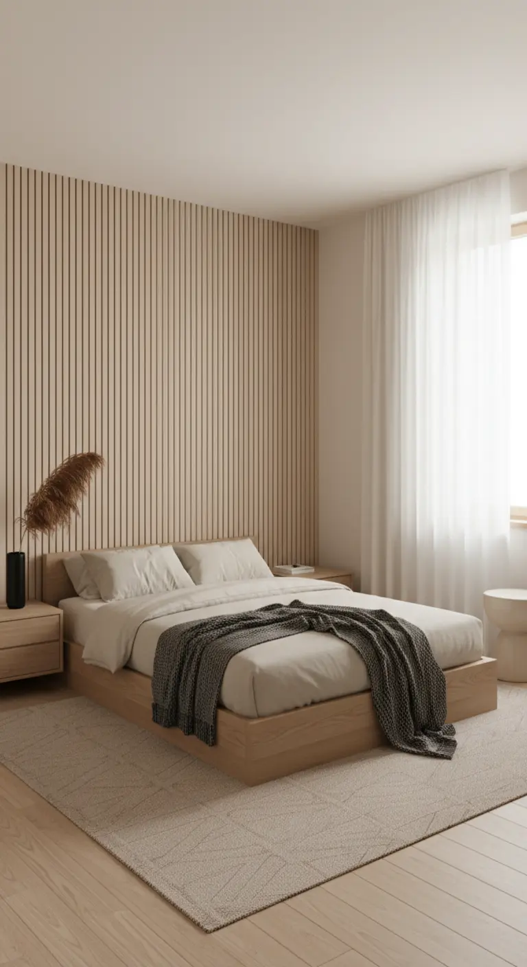 Camera da letto minimalista con una parete di listelli in legno chiaro dietro al letto.
