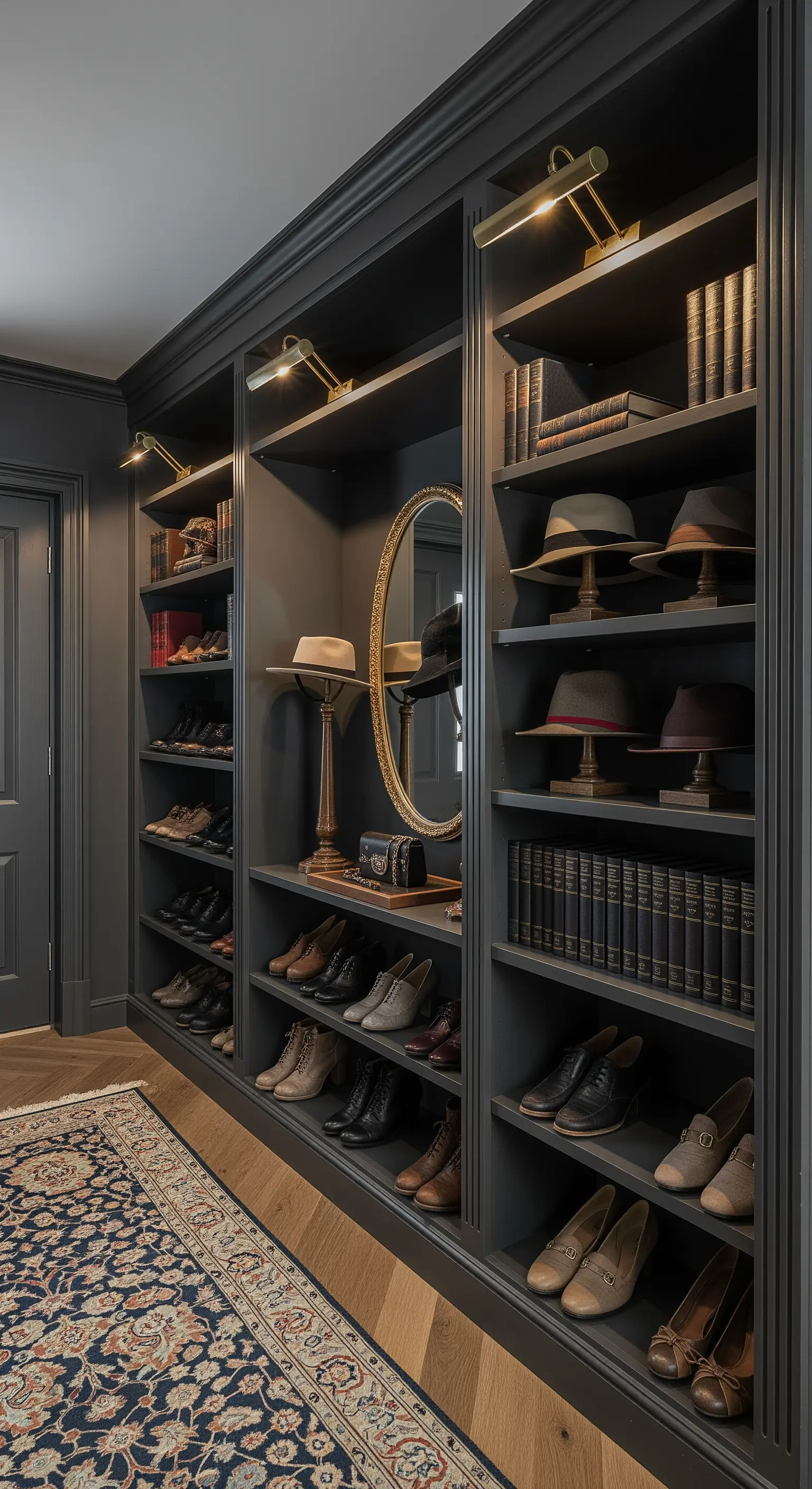 Libreria a muro grigio scuro con faretti dorati che illuminano scarpe e cappelli esposti.
