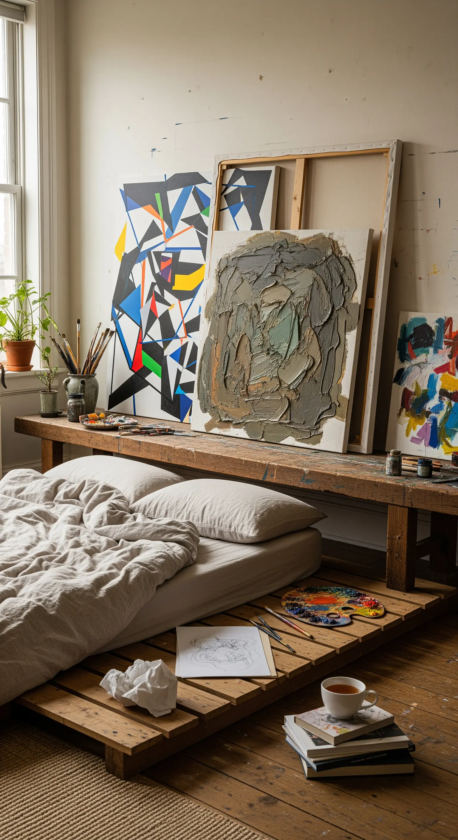 Camera da letto in stile atelier con tele appoggiate su una panca e materiali per dipingere.