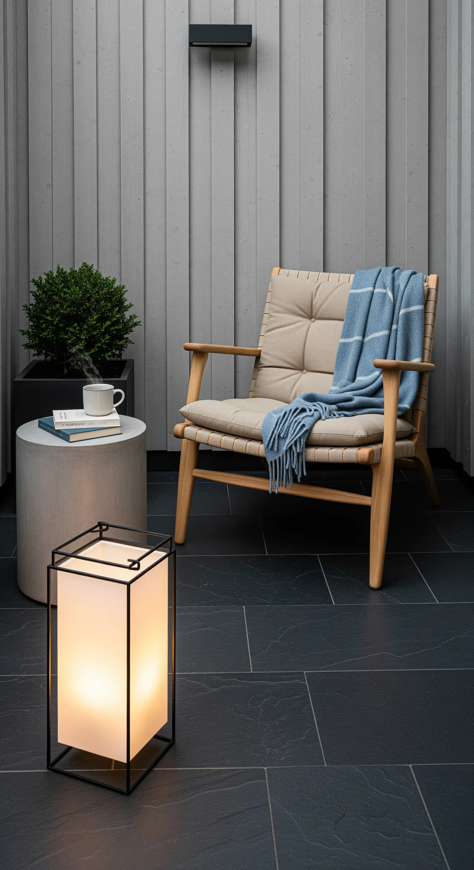 Angolo lettura con poltrona in legno chiaro, tavolino in cemento e lanterna moderna.