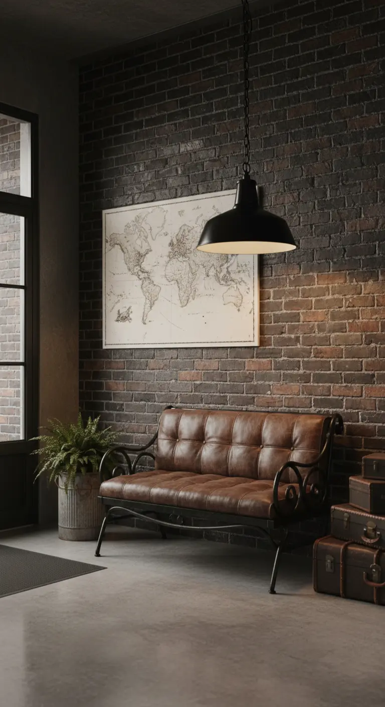 Angolo d'ingresso con panca in pelle, parete in mattoni scuri e mappa vintage.