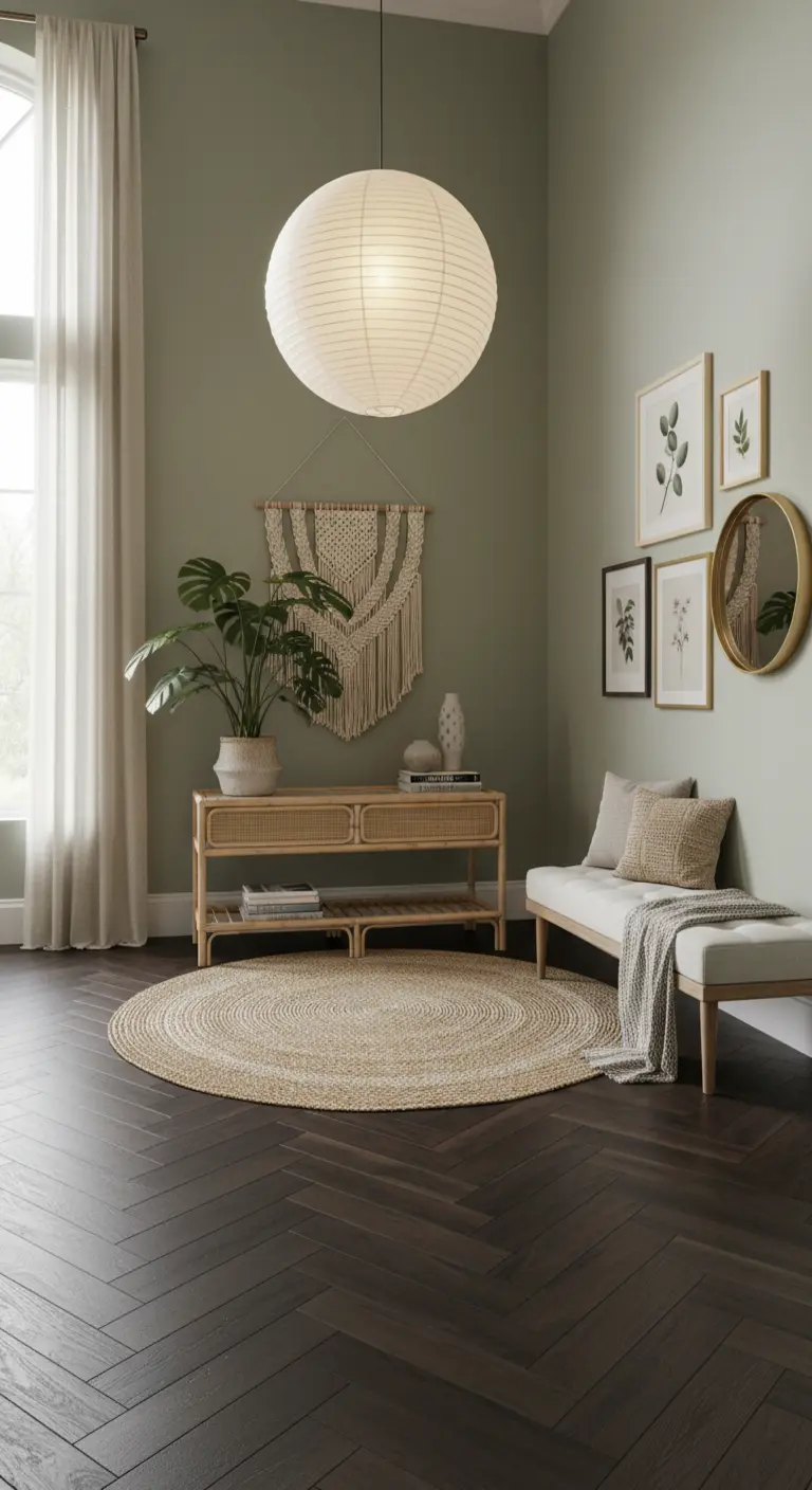 Angolo ingresso con pareti verde salvia, consolle in rattan, lanterna di carta e tappeto in juta.