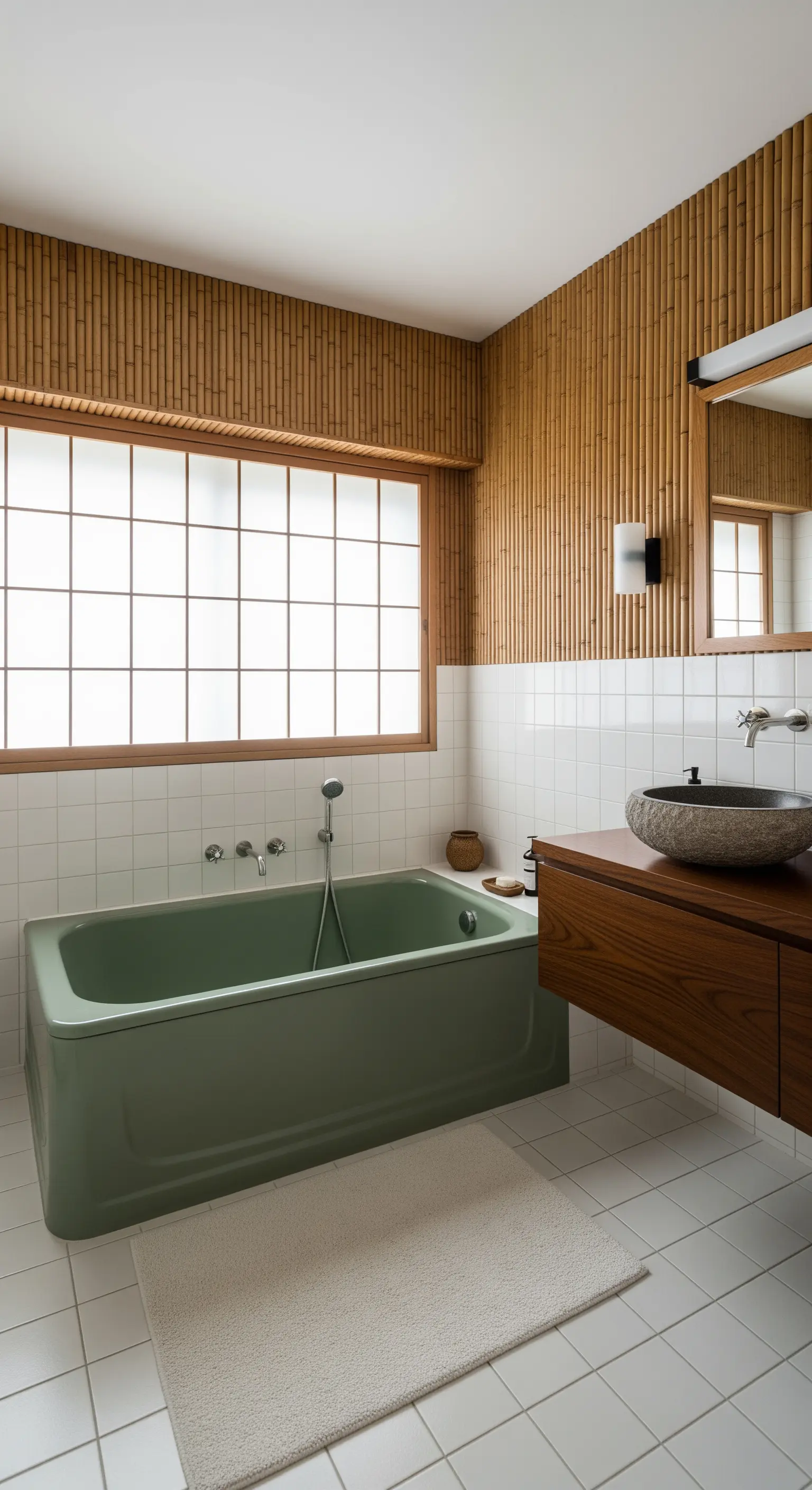 Bagno di ispirazione giapponese con parete in bambù e vasca verde salvia.