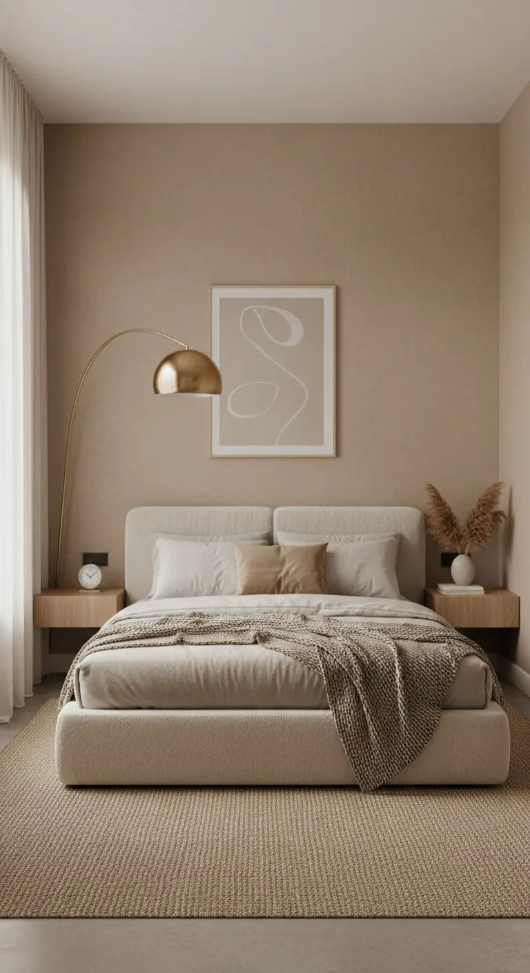 Camera da letto elegante con una palette interamente sui toni del beige e una lampada dorata.