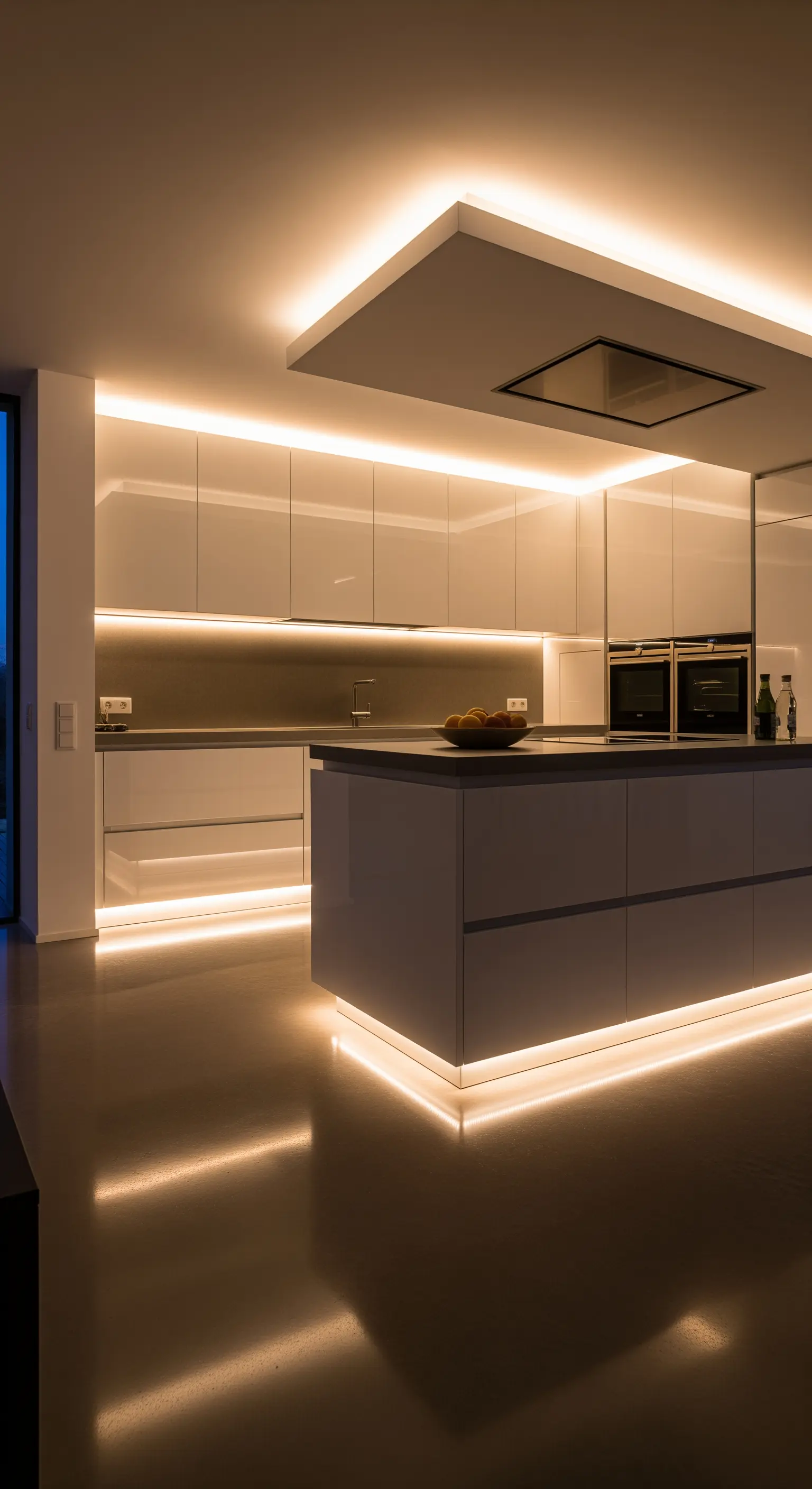 Cucina moderna con mobili lucidi e illuminazione a LED calda integrata nel controsoffitto.