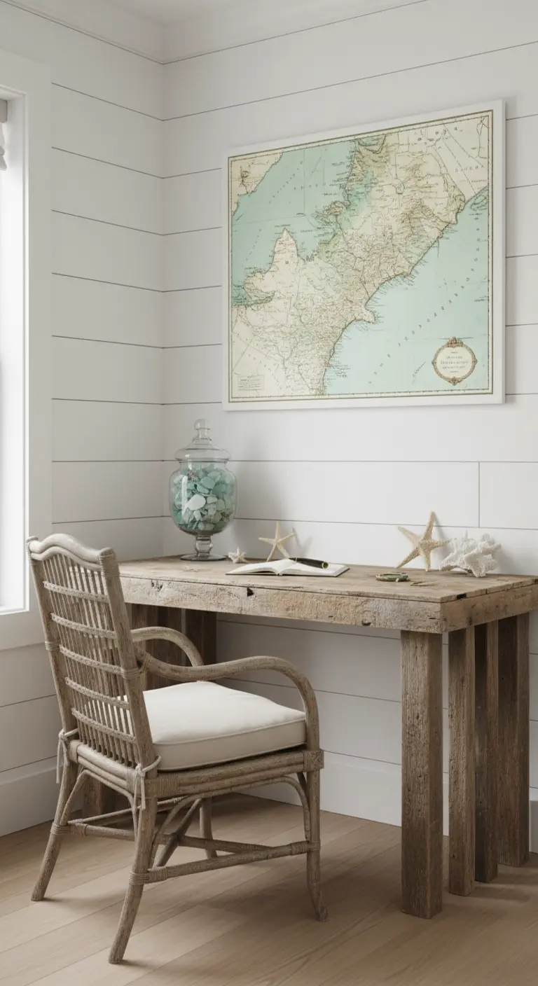 Scrivania in legno di recupero e sedia in rattan grigio contro una parete a perline bianche.