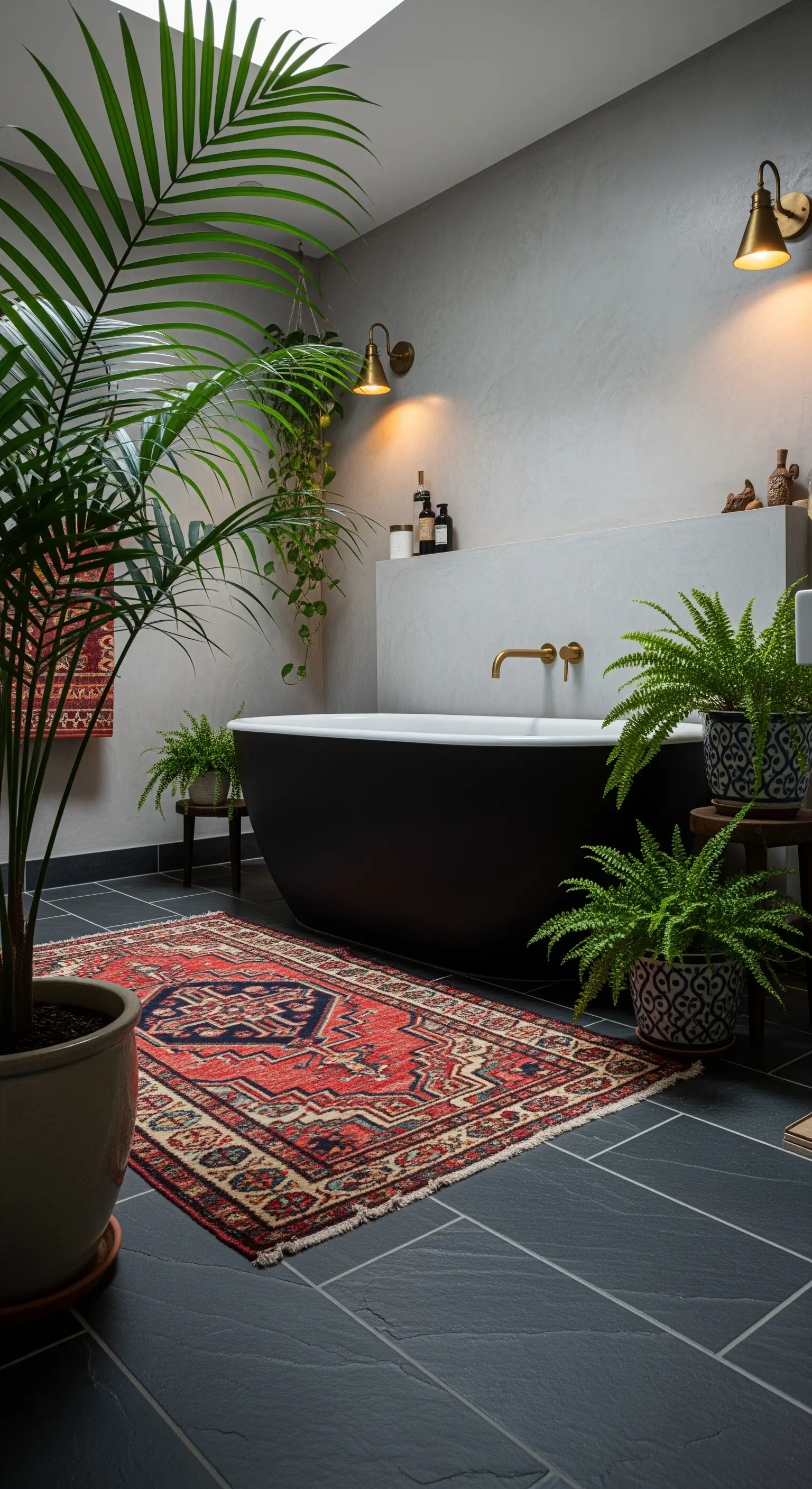 Bagno scuro con pavimento in ardesia, vasca freestanding nera e tappeto persiano rosso.