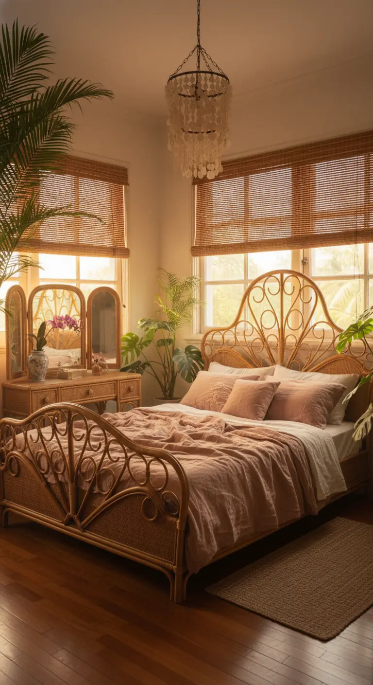 Camera da letto con mobili in rattan, illuminata da una luce calda filtrata da tende in bambù.