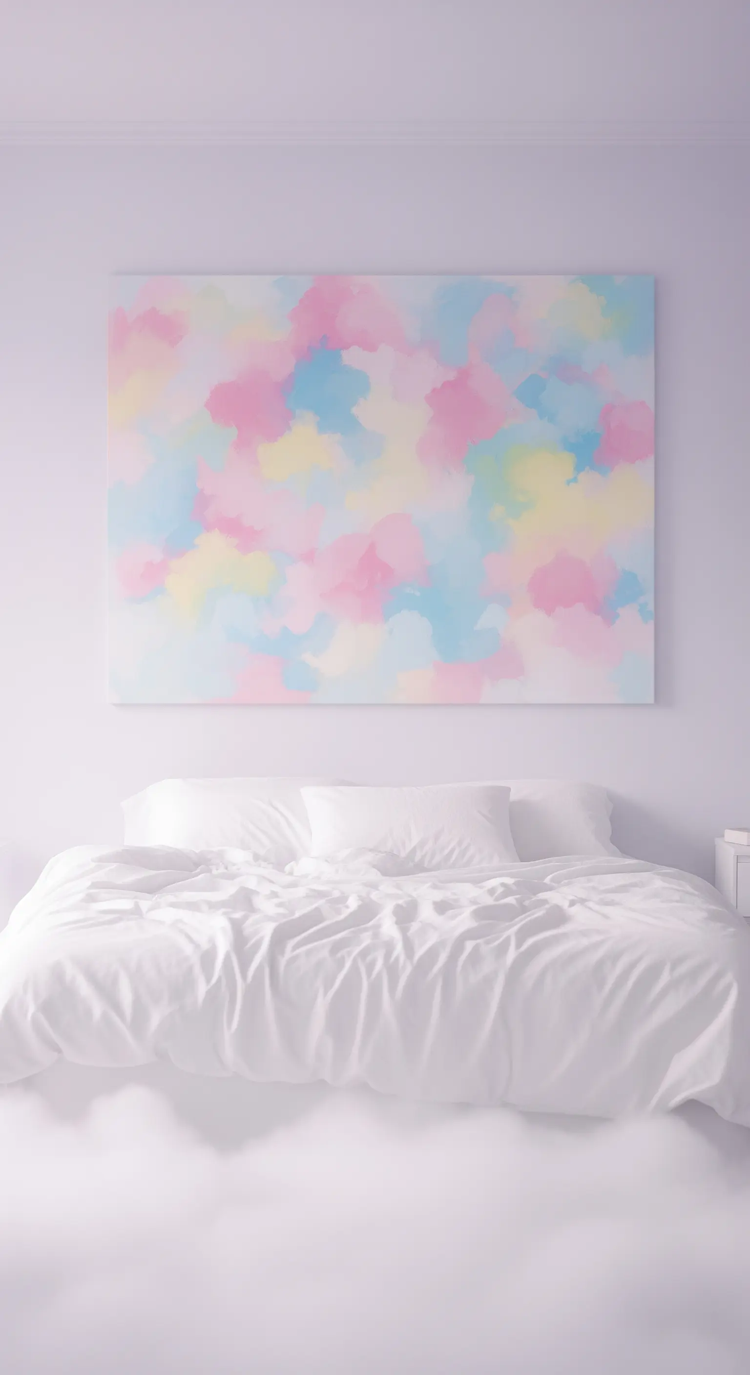 Quadro astratto con macchie di colore pastello rosa, blu e giallo sopra un letto bianco.
