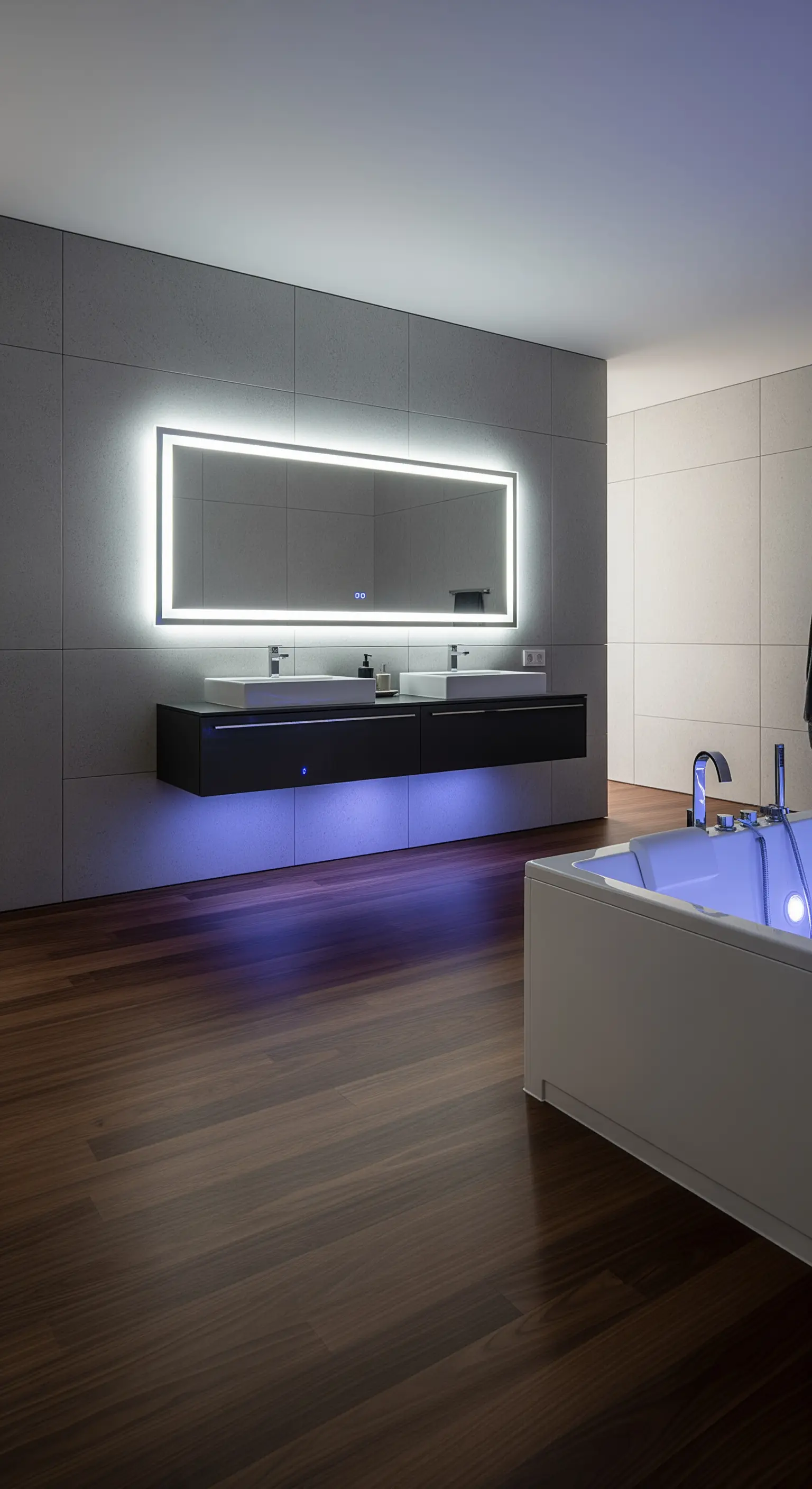 Bagno moderno con parquet scuro, specchio retroilluminato e luci a LED blu sotto il mobile e nella vasca.