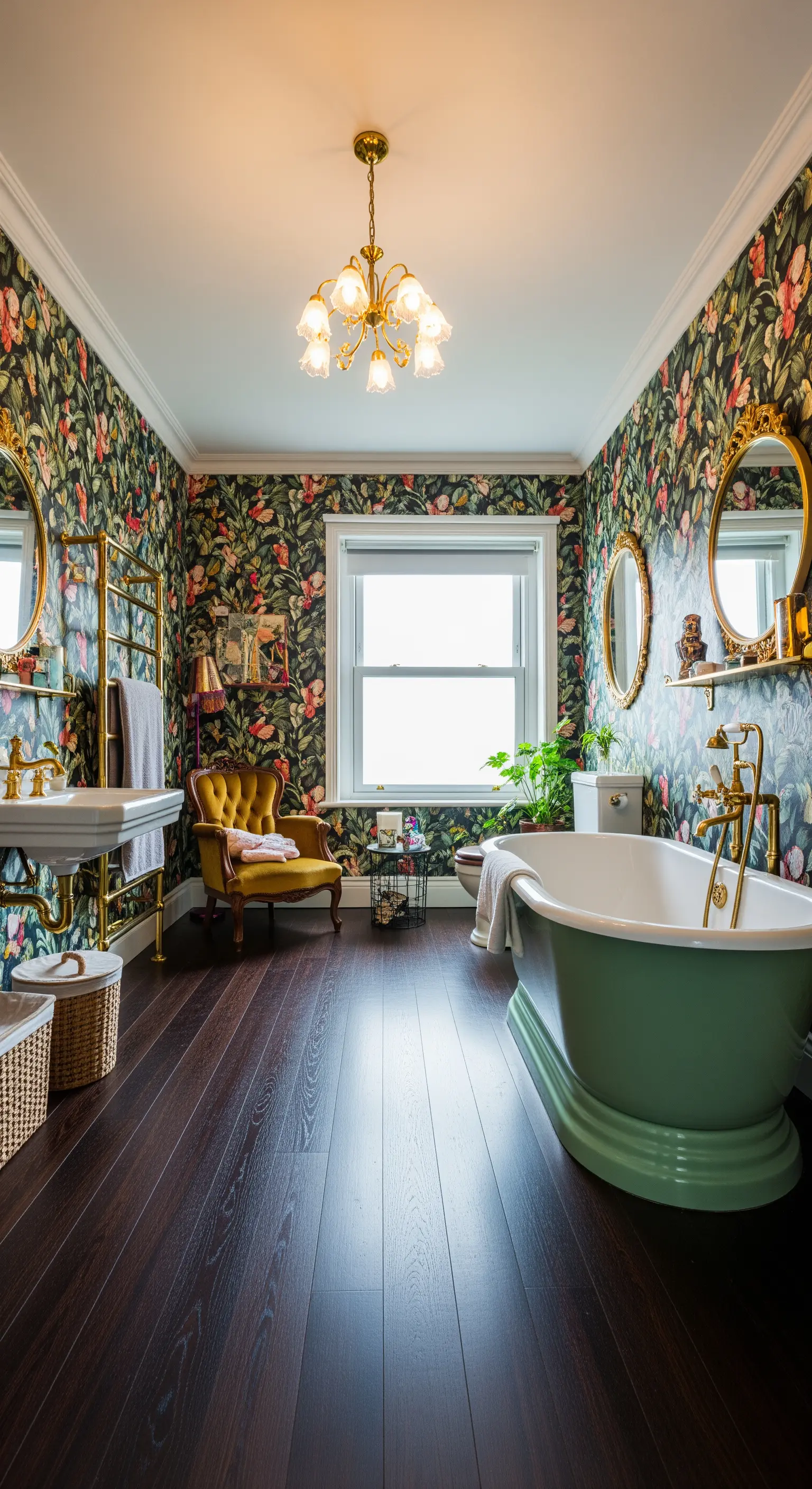 Bagno eclettico con carta da parati floreale scura, vasca verde e pavimento in legno scuro.