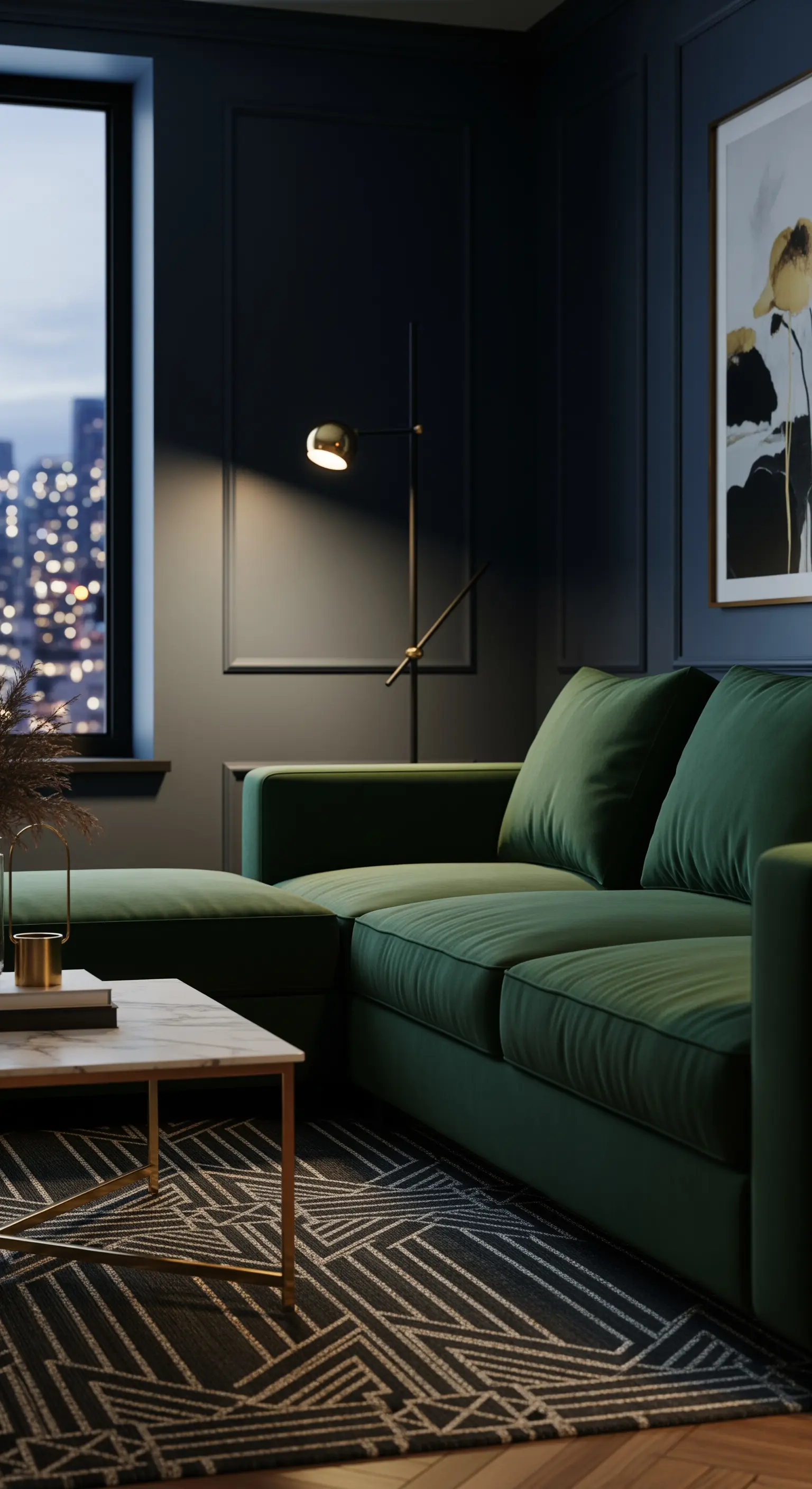 Salotto scuro e intimo con divano in velluto verde, pareti blu e lampada da lettura dorata.