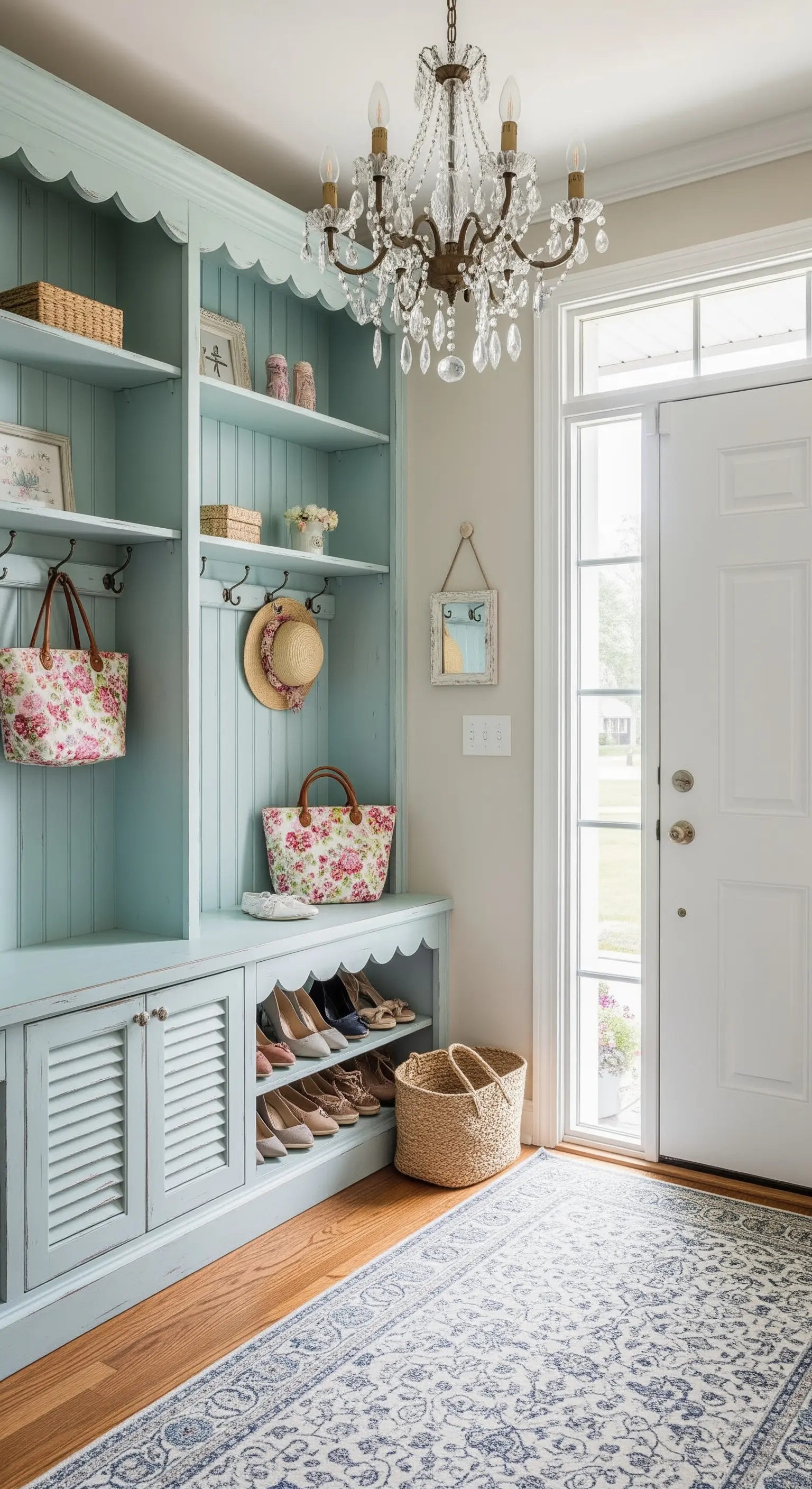 Mobile da ingresso azzurro in stile shabby chic con panca, scarpiera e lampadario di cristallo.