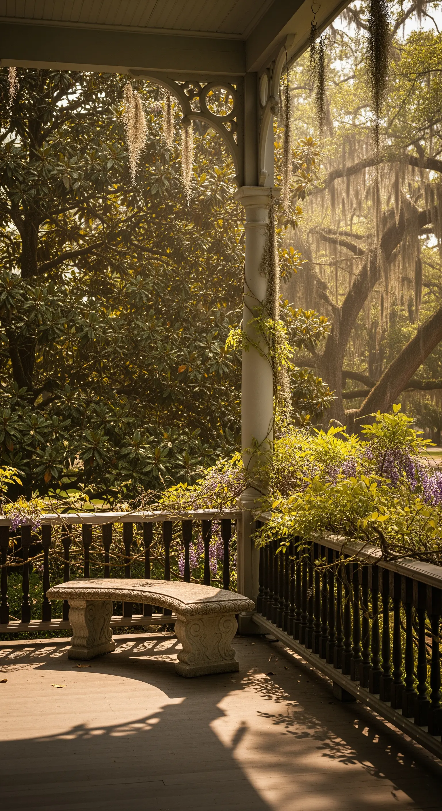 Portico ombroso in stile sudista con panca in pietra decorata e muschio spagnolo sugli alberi.