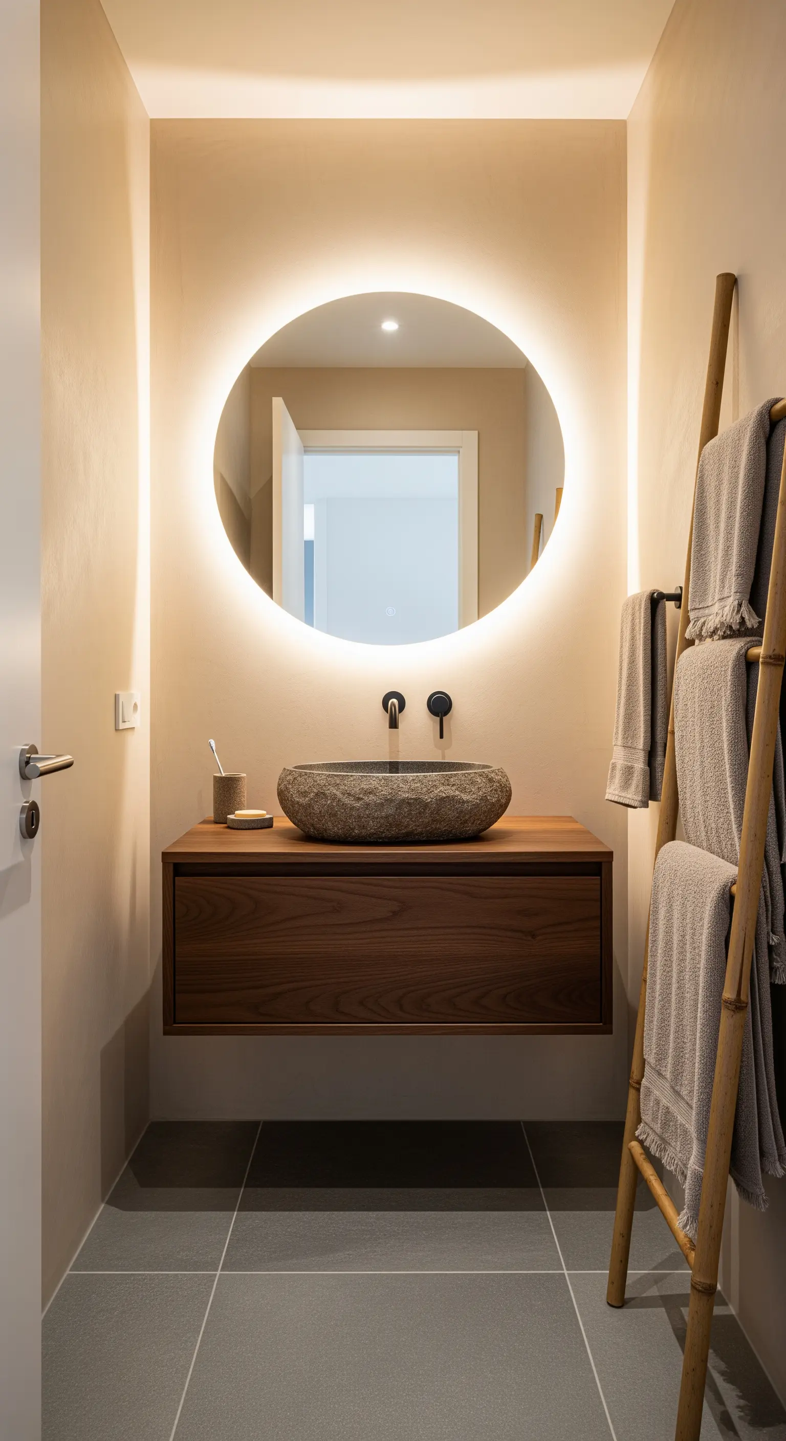 Mobile sospeso in noce con lavabo in pietra e specchio tondo retroilluminato.