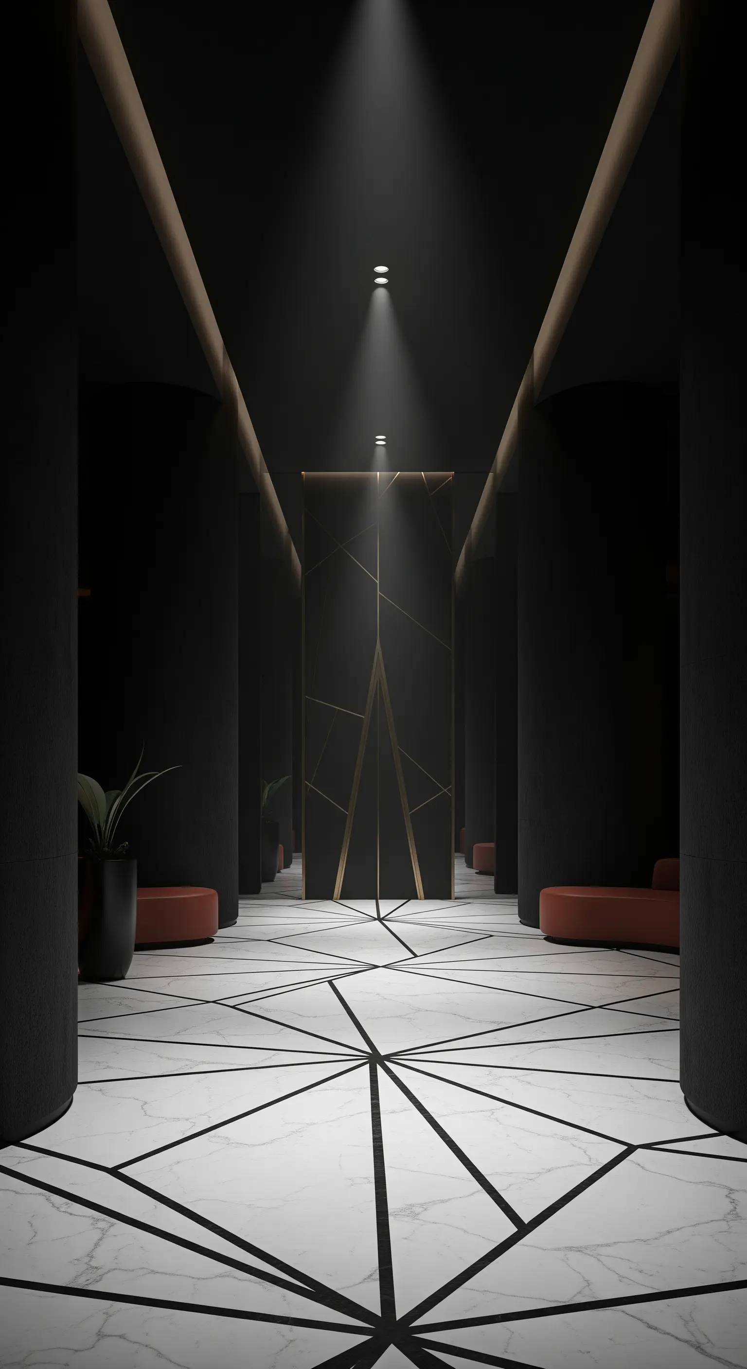 Corridoio scuro con pavimento in marmo a raggiera, illuminato da un faretto e con accenti dorati.