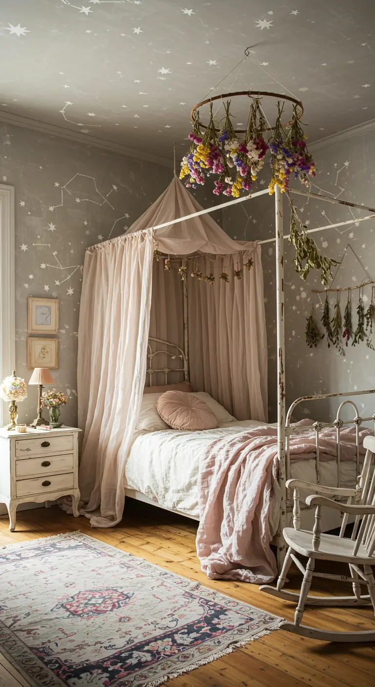 Letto a baldacchino sotto un soffitto dipinto con stelle, con un lampadario di fiori secchi.