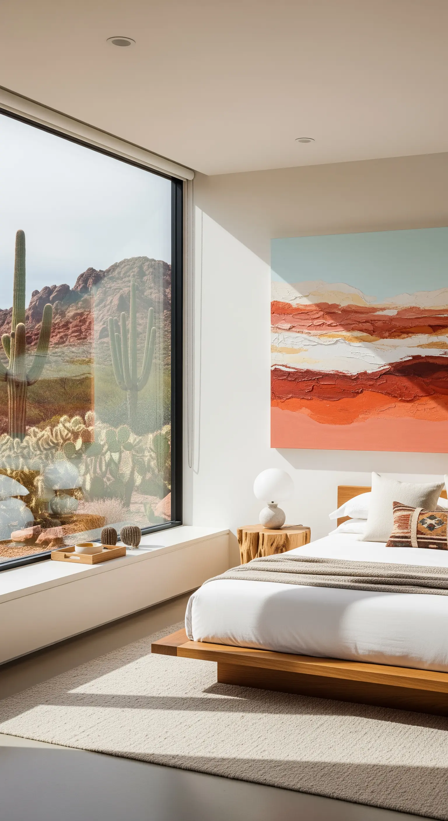 Camera con vista sul deserto e quadro astratto con colori e texture che richiamano il paesaggio.