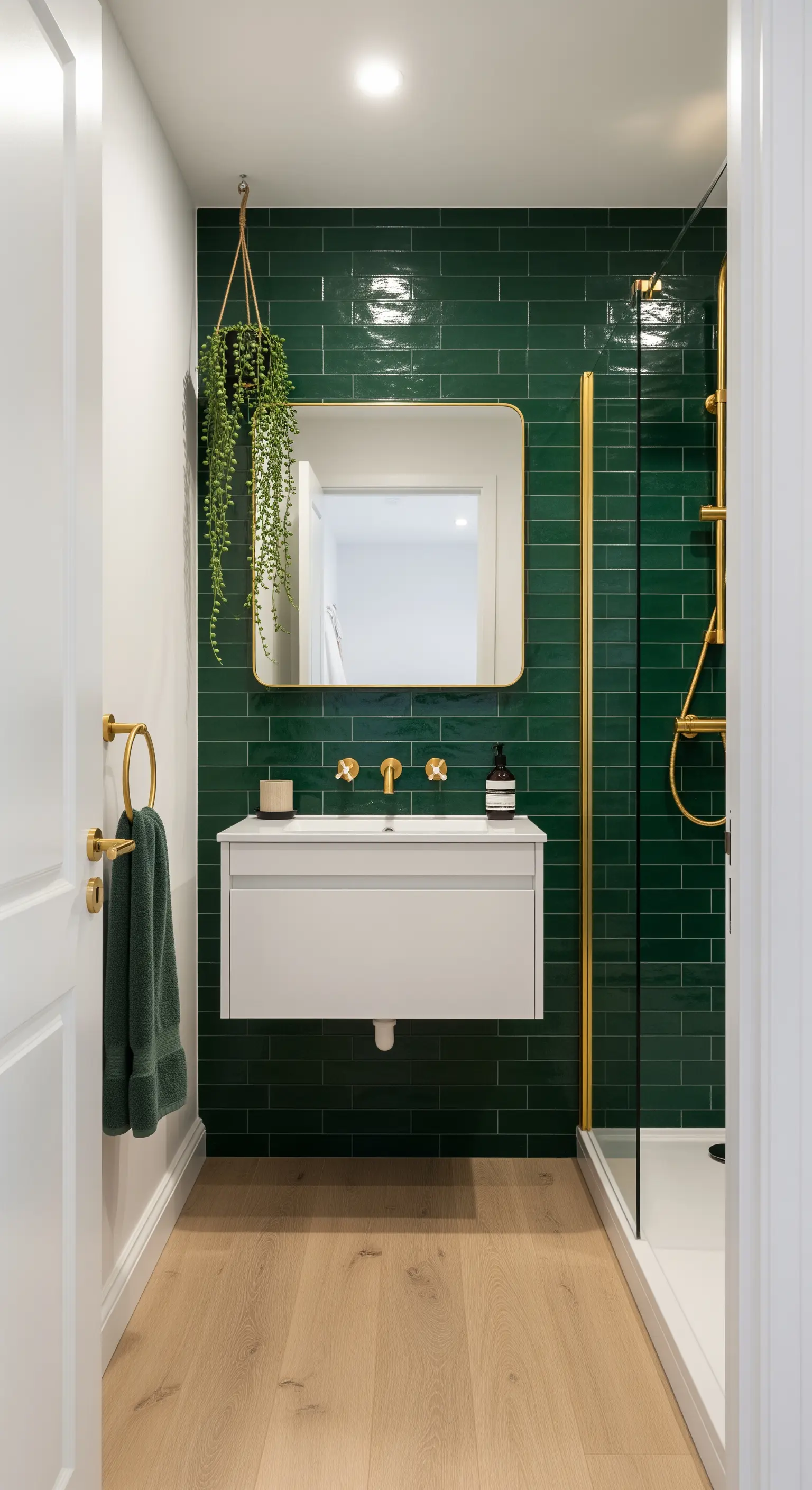 Bagno stretto con parete di fondo in piastrelle verdi, mobile bianco e dettagli dorati.
