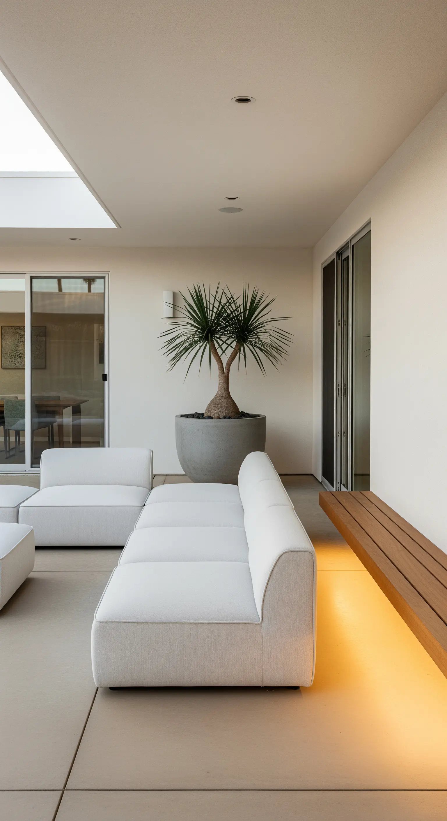 Portico minimalista con divani modulari bianchi, panca in legno con luce LED e una grande pianta