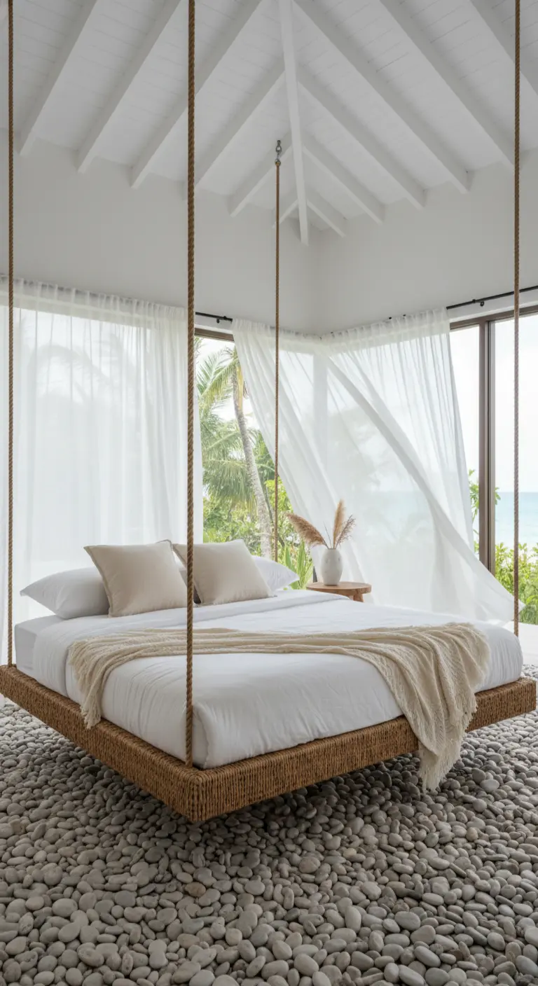 Letto sospeso con corde di canapa sopra un pavimento di ciottoli bianchi levigati.