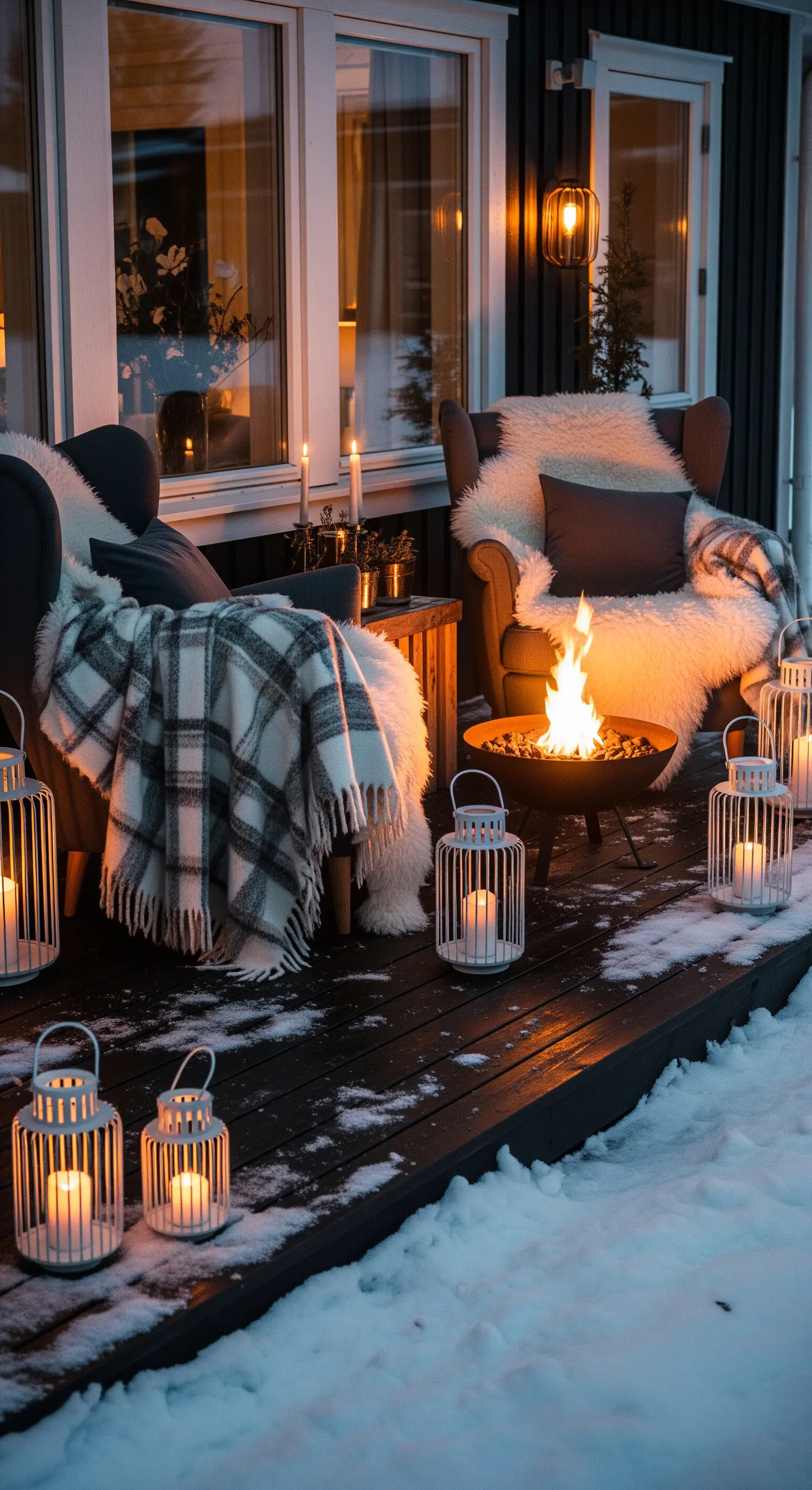 Patio innevato con poltrone coperte di pelliccia, braciere acceso e tante lanterne.