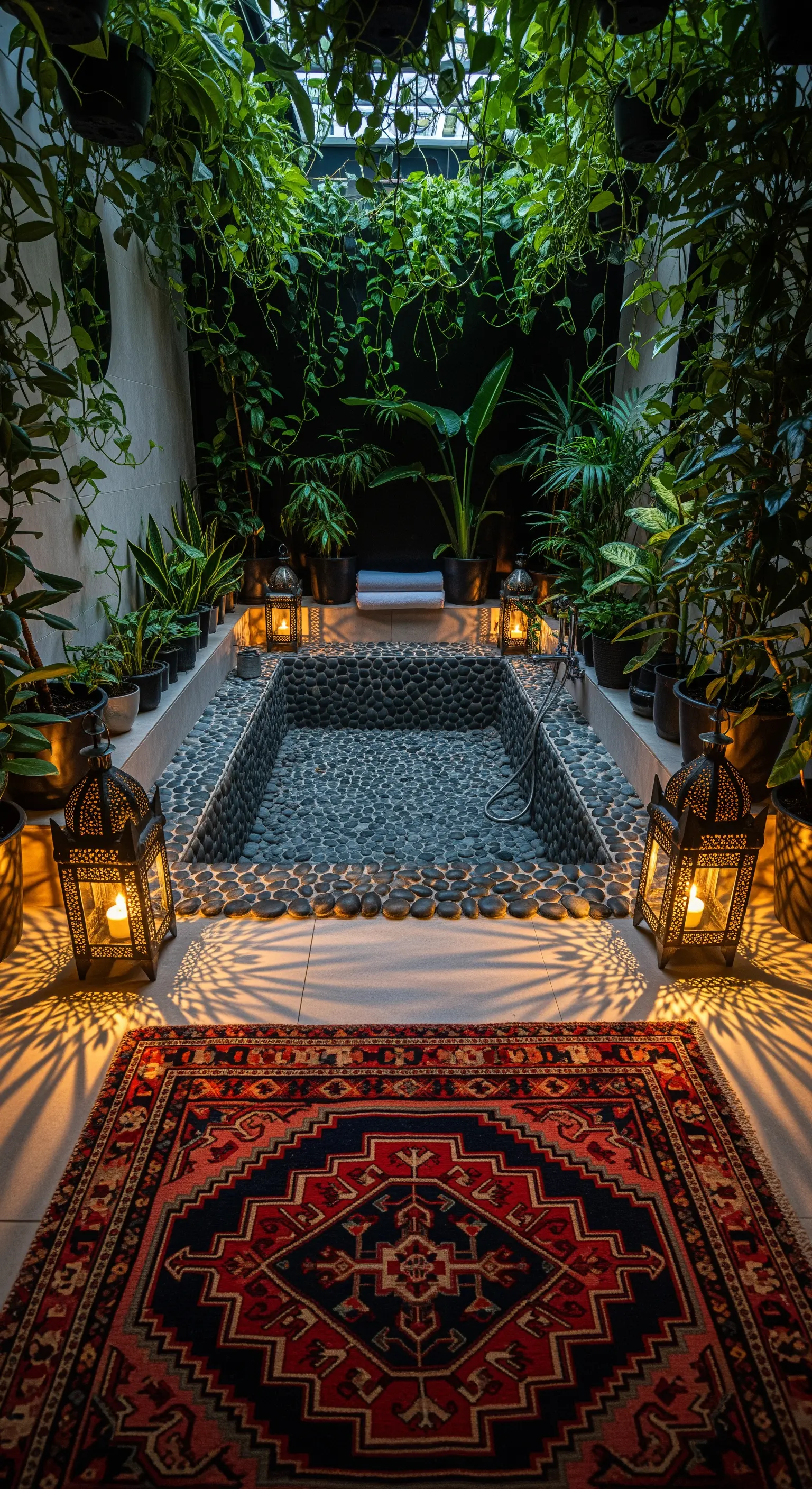 Bagno-santuario con vasca in pietra, decine di piante e lanterne marocchine accese.