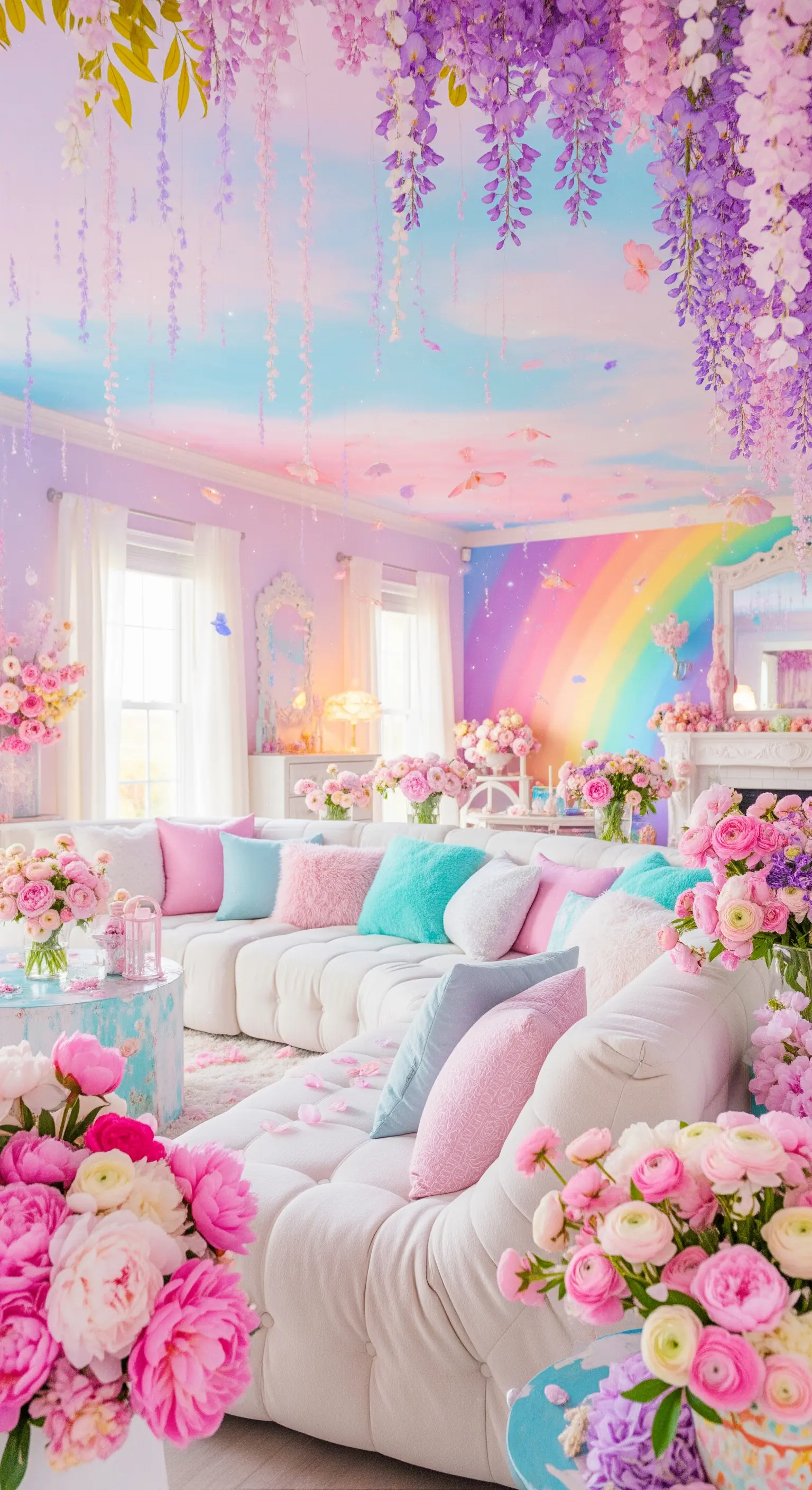 Salotto surreale con soffitto dipinto come un cielo pastello e fiori ovunque.