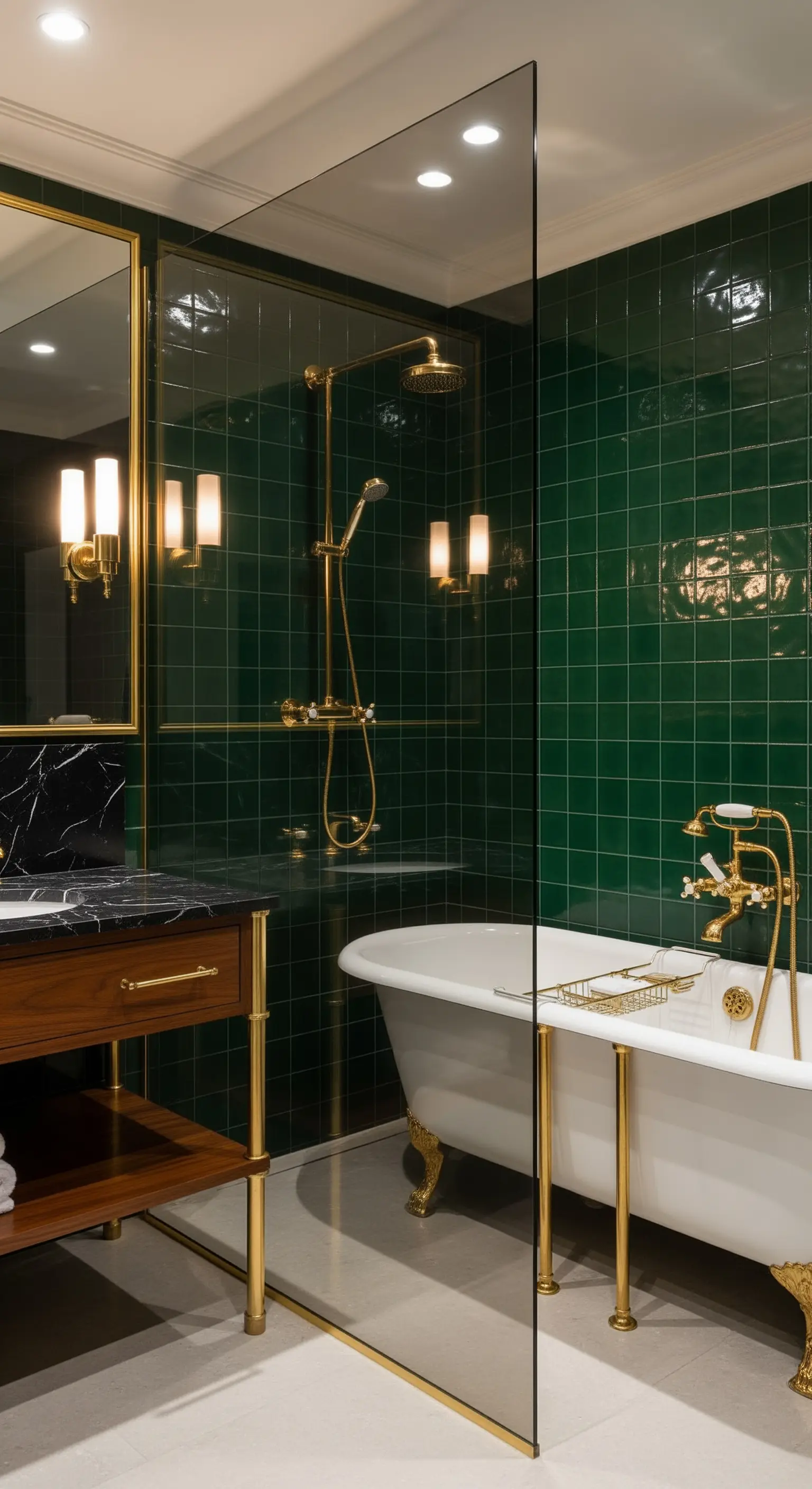 Bagno con piastrelle verde smeraldo, vasca bianca e finiture interamente dorate.