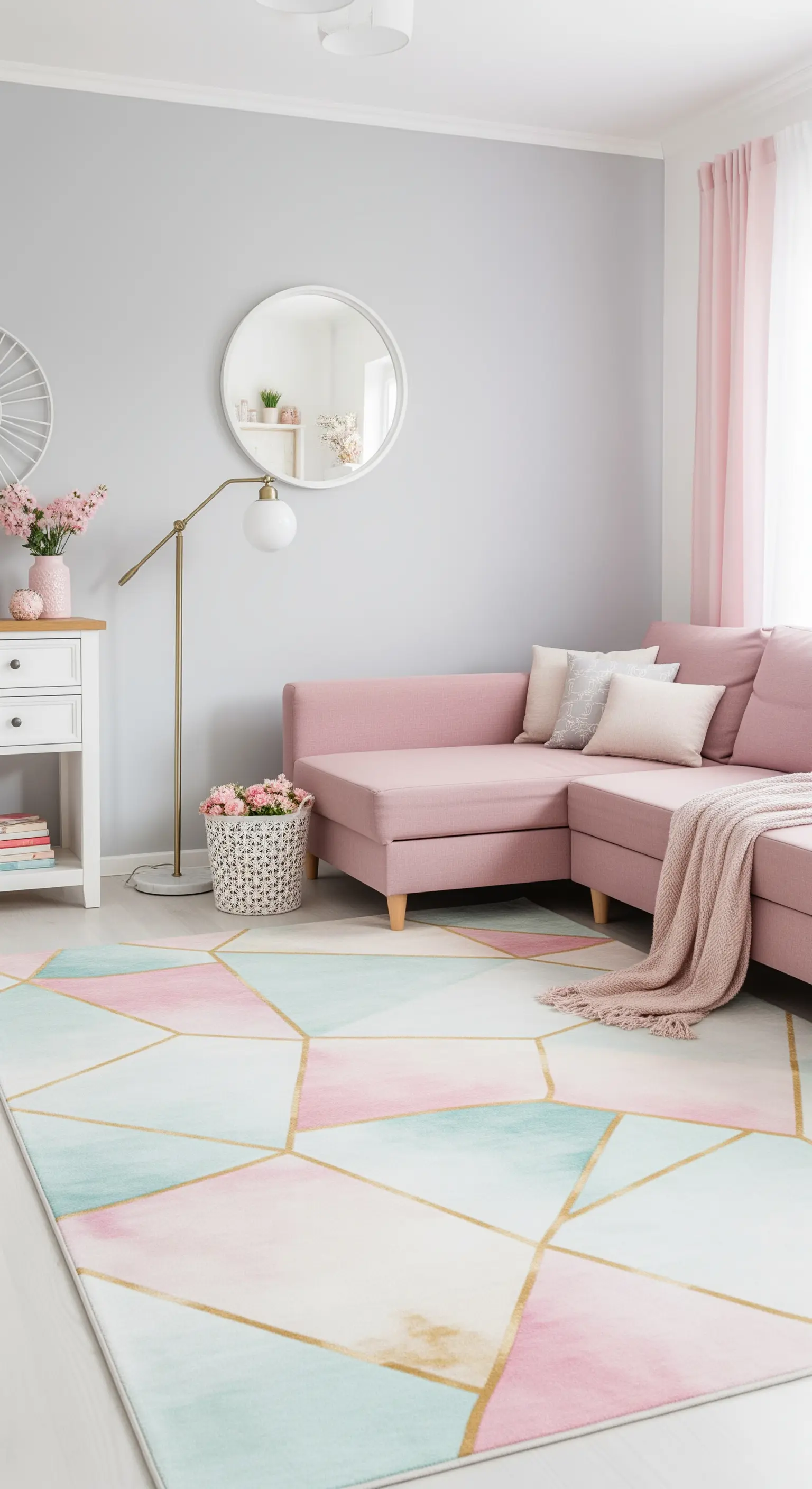 Soggiorno in stile romantico con divano a L rosa, tappeto geometrico pastello e lampada dorata.