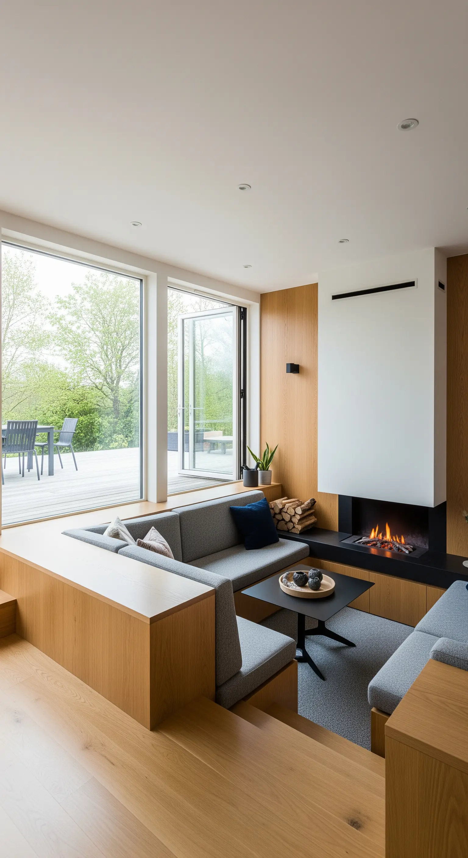 Salotto moderno con area divani ribassata rivestita in legno e camino integrato.