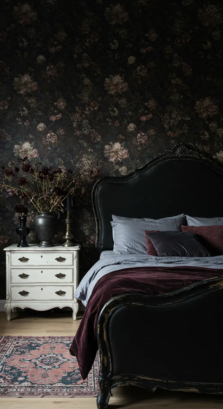 Camera da letto con carta da parati a fiori scuri, letto nero e comò bianco decapato.