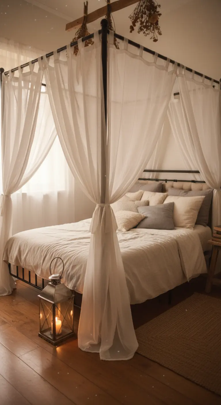 Letto a baldacchino con struttura in metallo nero e tende di velo bianco in una camera accogliente.