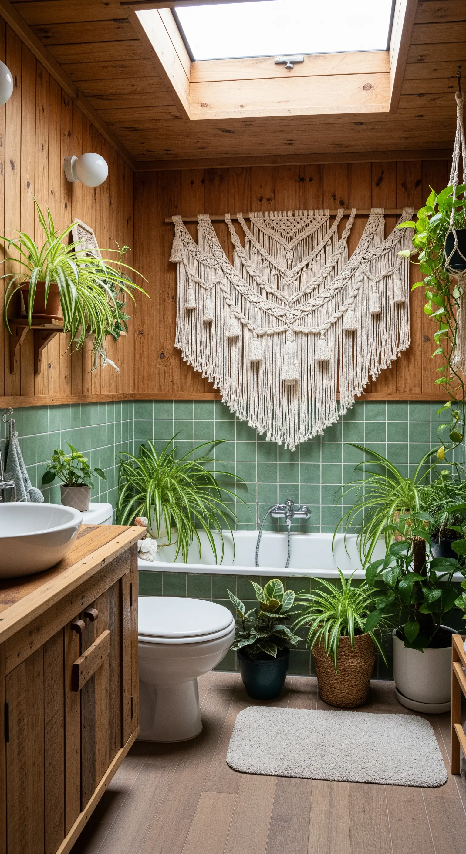 Bagno piccolo con pareti in legno, piastrelle verdi e numerose piante.