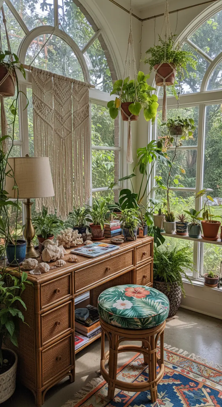 Scrivania in rattan in una veranda luminosa, circondata da decine di piante verdi.