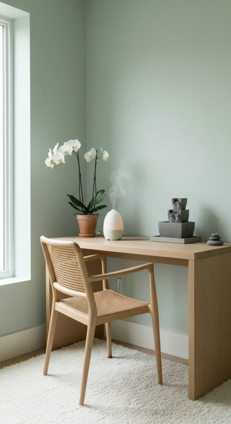 Scrivania minimalista in legno con un'orchidea, un diffusore e una piccola fontana zen.
