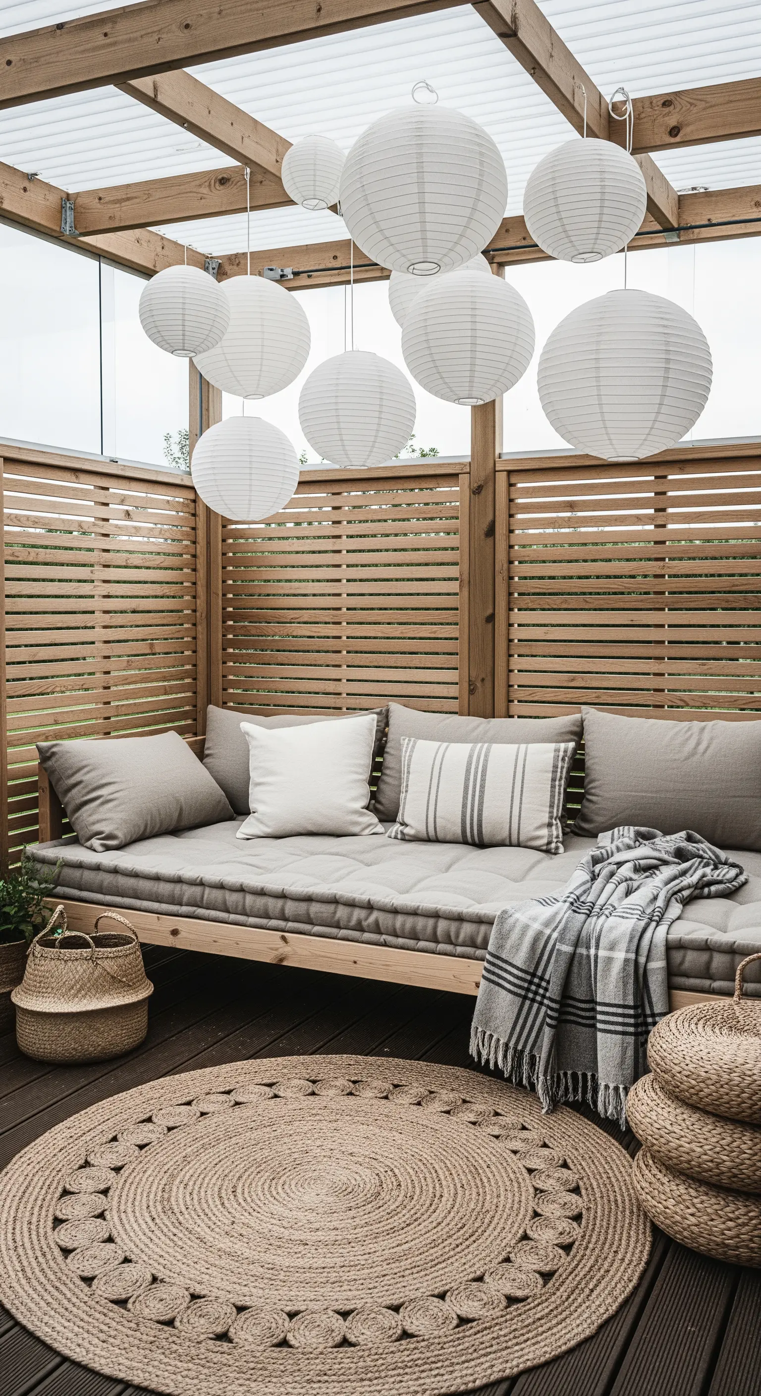 Daybed in un patio riparato, con lanterne di carta appese e un tappeto rotondo in juta.
