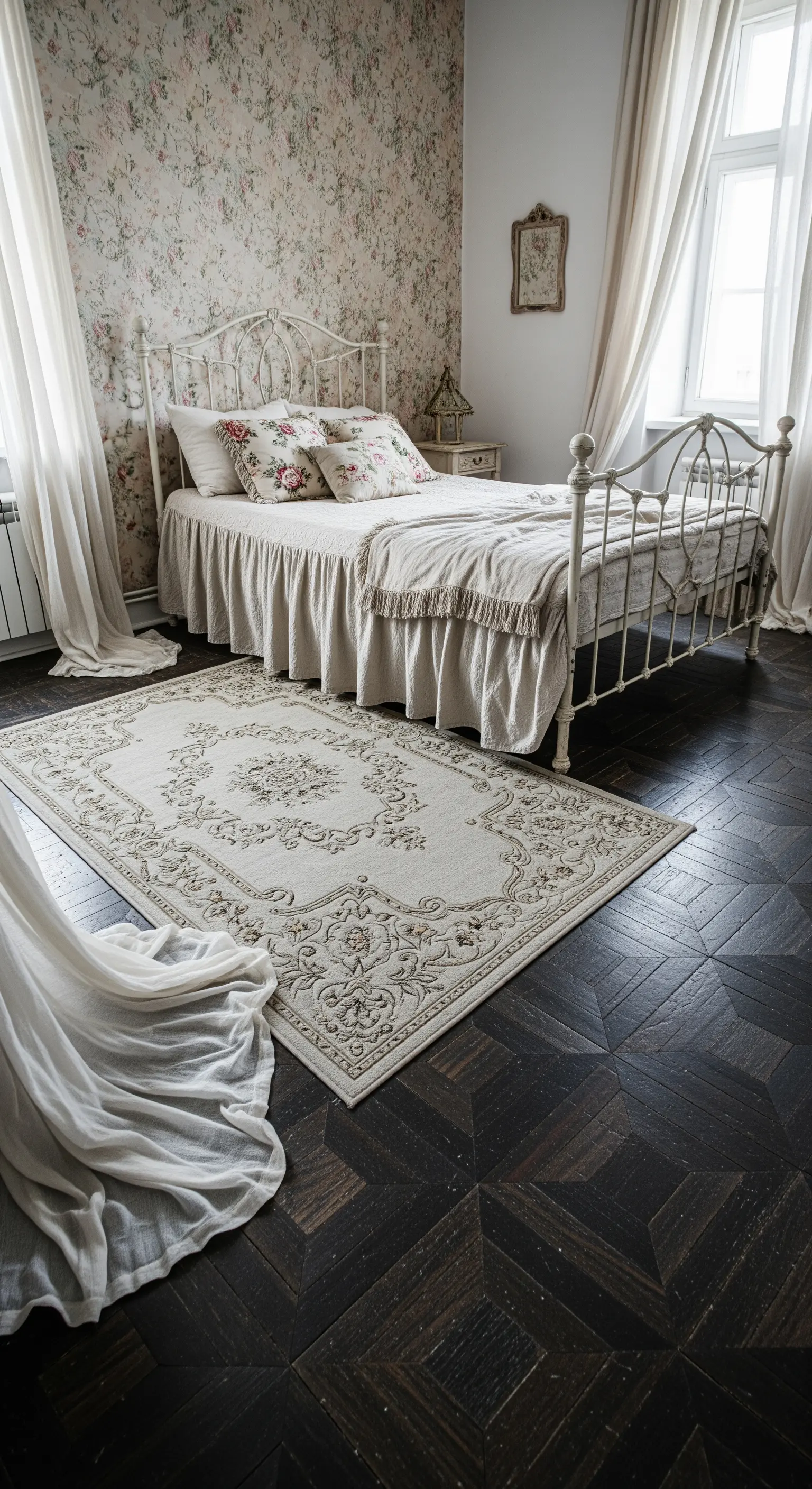 Letto in ferro battuto bianco con un tappeto chiaro a motivi floreali su un parquet scuro