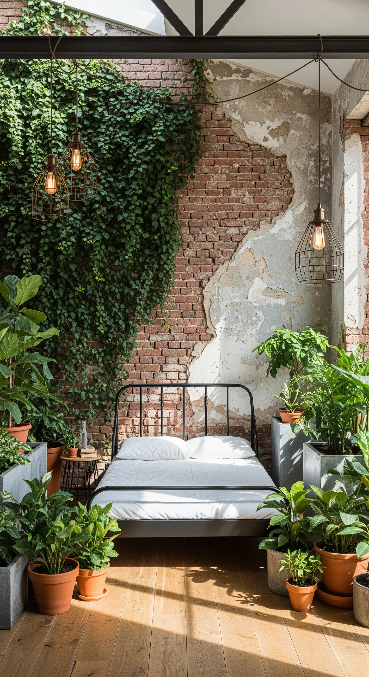Camera da letto in un patio coperto con parete di mattoni e piante rampicanti, circondata da vasi.