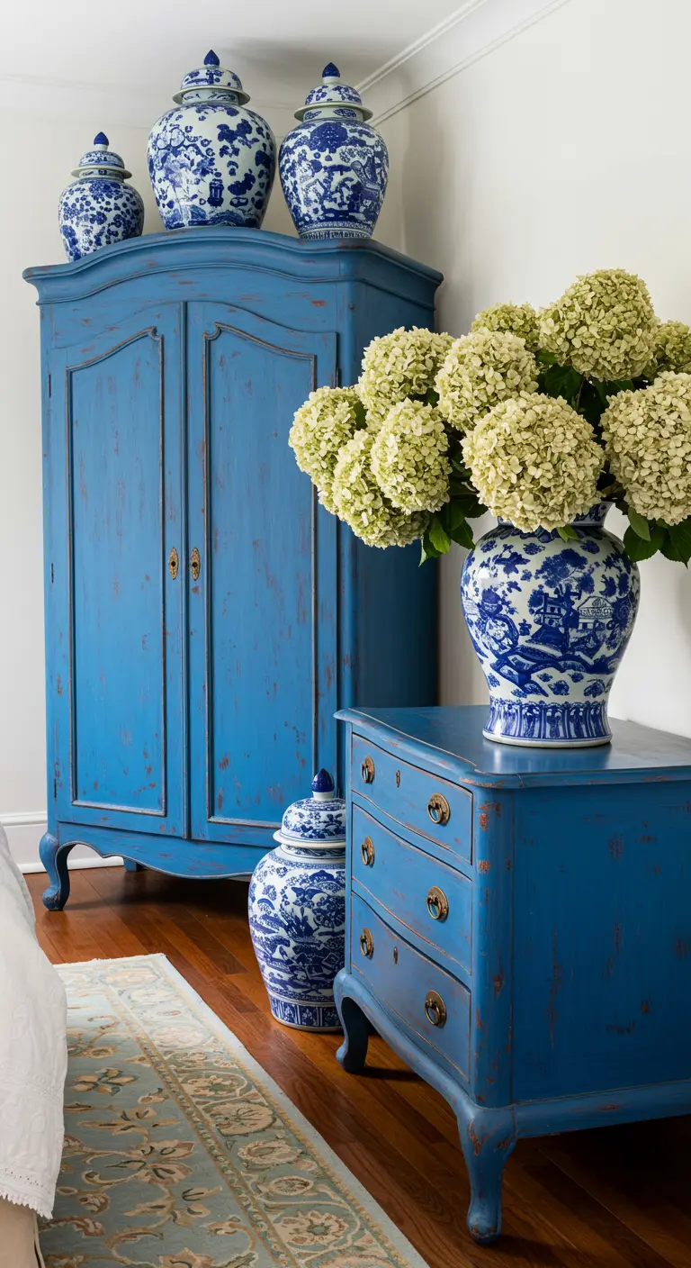 Armadio e comò blu cobalto in stile shabby chic, decorati con vasi cinesi e ortensie.