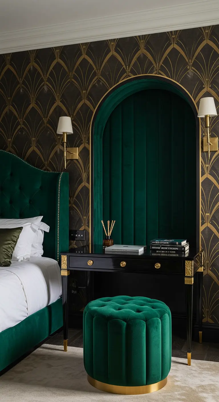 Scrivania nera e oro in una nicchia ad arco rivestita in velluto verde, in stile Art Deco.